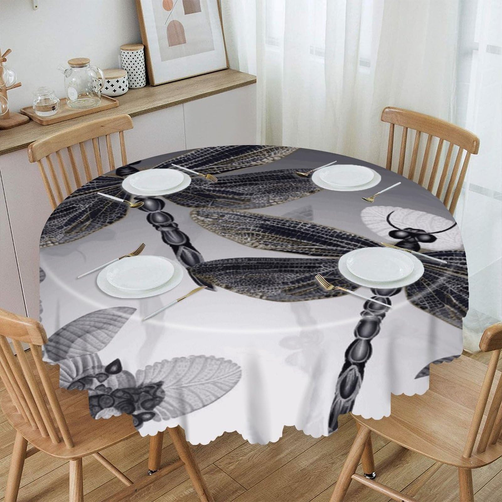VstaDank Dragonflies Grey Round Tablecloth Premium Polyester Table Cloth Heavy Duty Washable Fabric Tablecloth Waterproof Holiday Table Cover Decorative Tablecloths for Dining 60"
