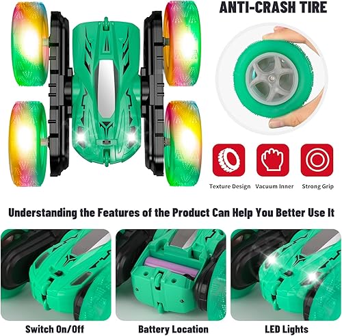 Miniatura 4 de Traverse Star Coche de control remoto, auto de acrobacias RC giratorio de 360 con luces de rueda, faros delanteros de 2.4Ghz de doble cara, juguetes