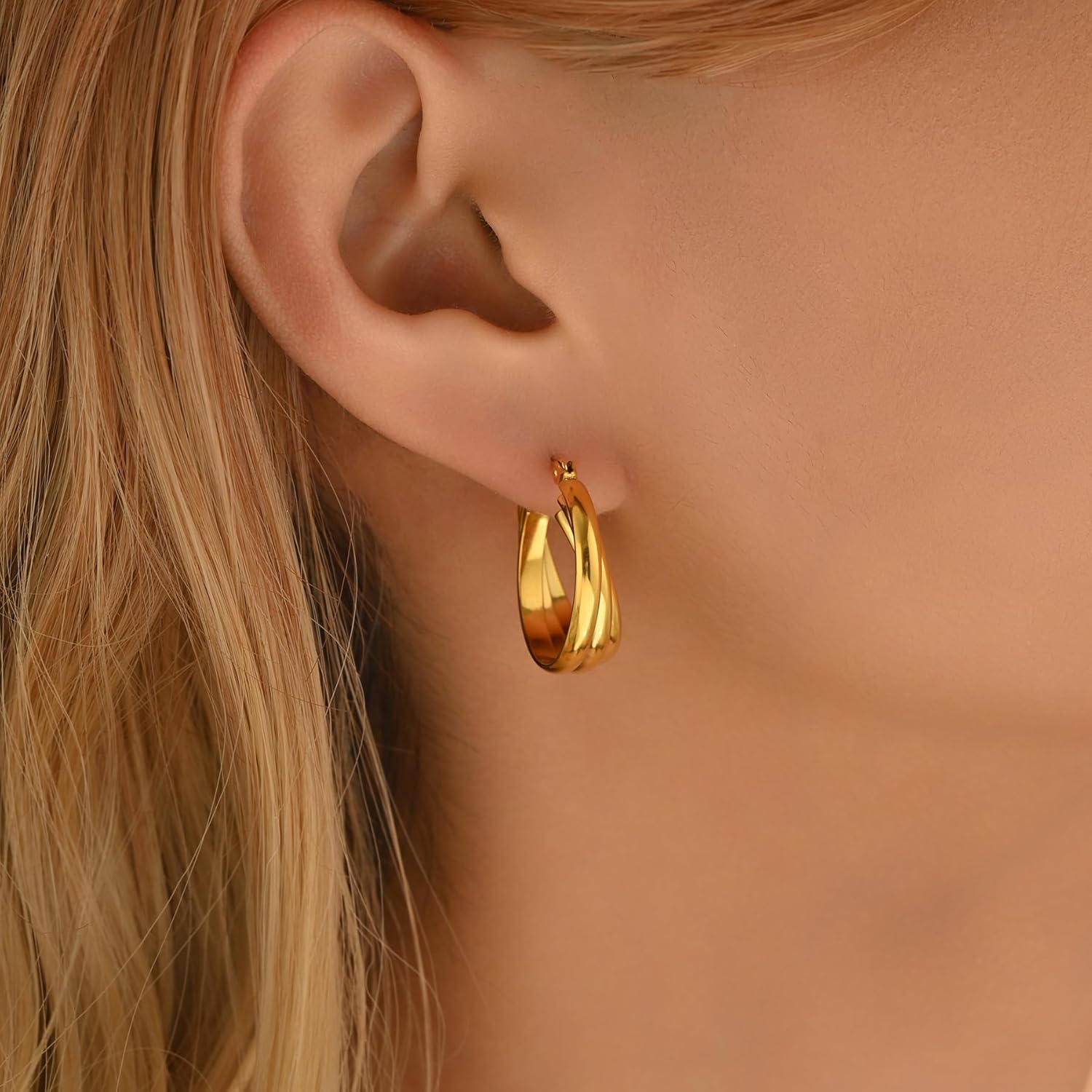 Gold Chunky Hoop Earrings for Women 18K Gold Plated Oval Hoop Earrings Trendy Lightweight Irregular Large Hoops Earring - Image 4