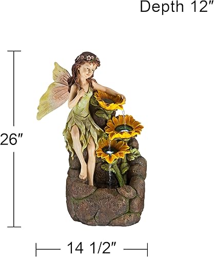 Miniatura 4 de Hada del jardín con girasoles de 26 pulgadas de alto, grande, moderna decoración para interiores y exteriores, fuente de suelo de piedra sintética