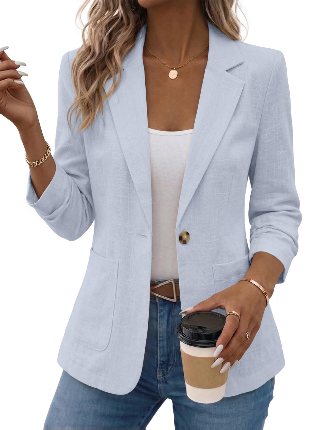 Mina Self 2026 Sommer-Leinen-Blazer für Damen, 3/4-Ärmel, gerüschte Ärmel, leicht, atmungsaktiv, Business-Casual-Arbeitsjacken, Tasche