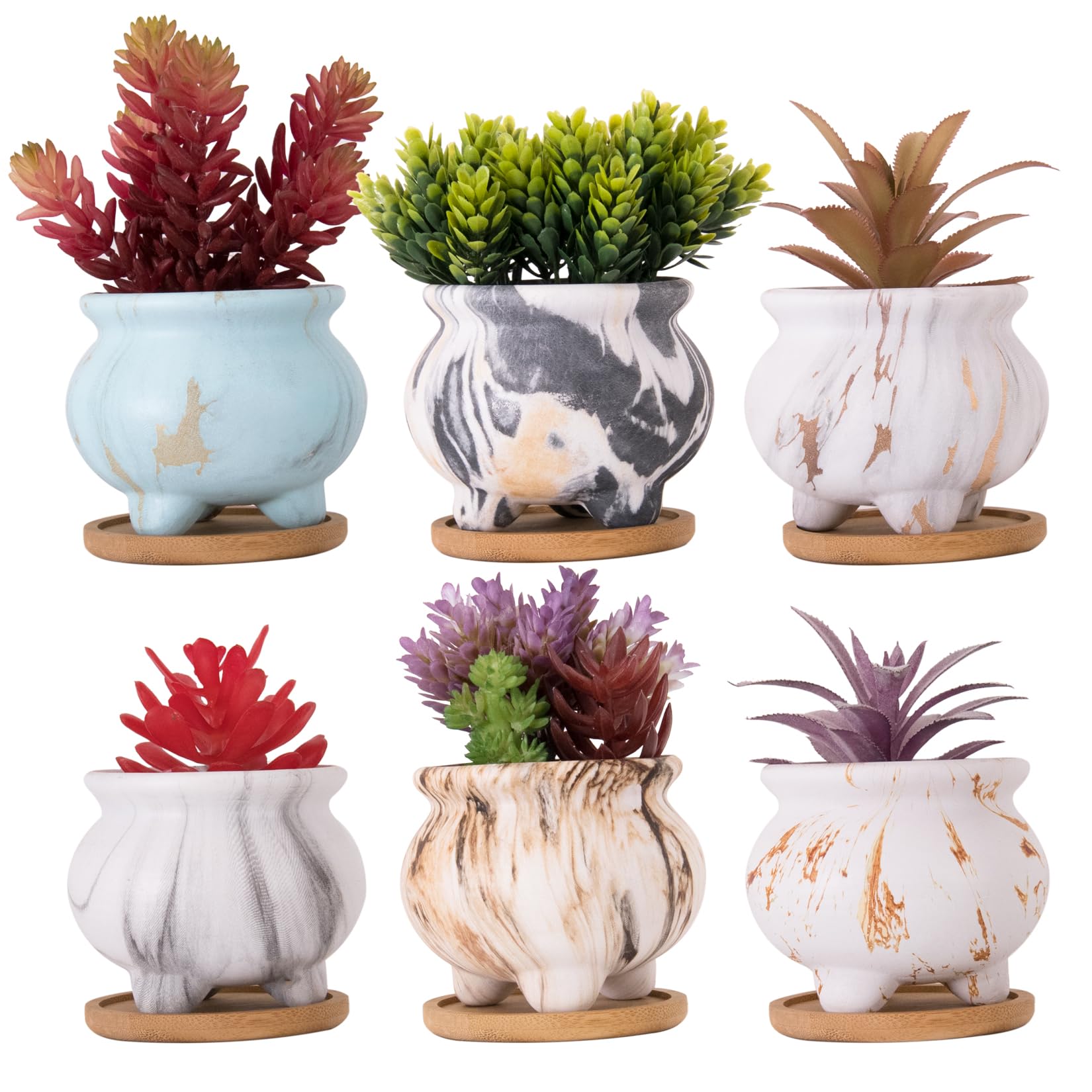 ARTKETTY Sukkulentententöpfe, 9,5 cm, kleine Sukkulenten-Pflanzgefäße mit Ablaufschale, Marmor-Blumentöpfe, Set mit 6 Keramiktöpfen für Zimmerpflanzen, Sukkulenten, Kaktus