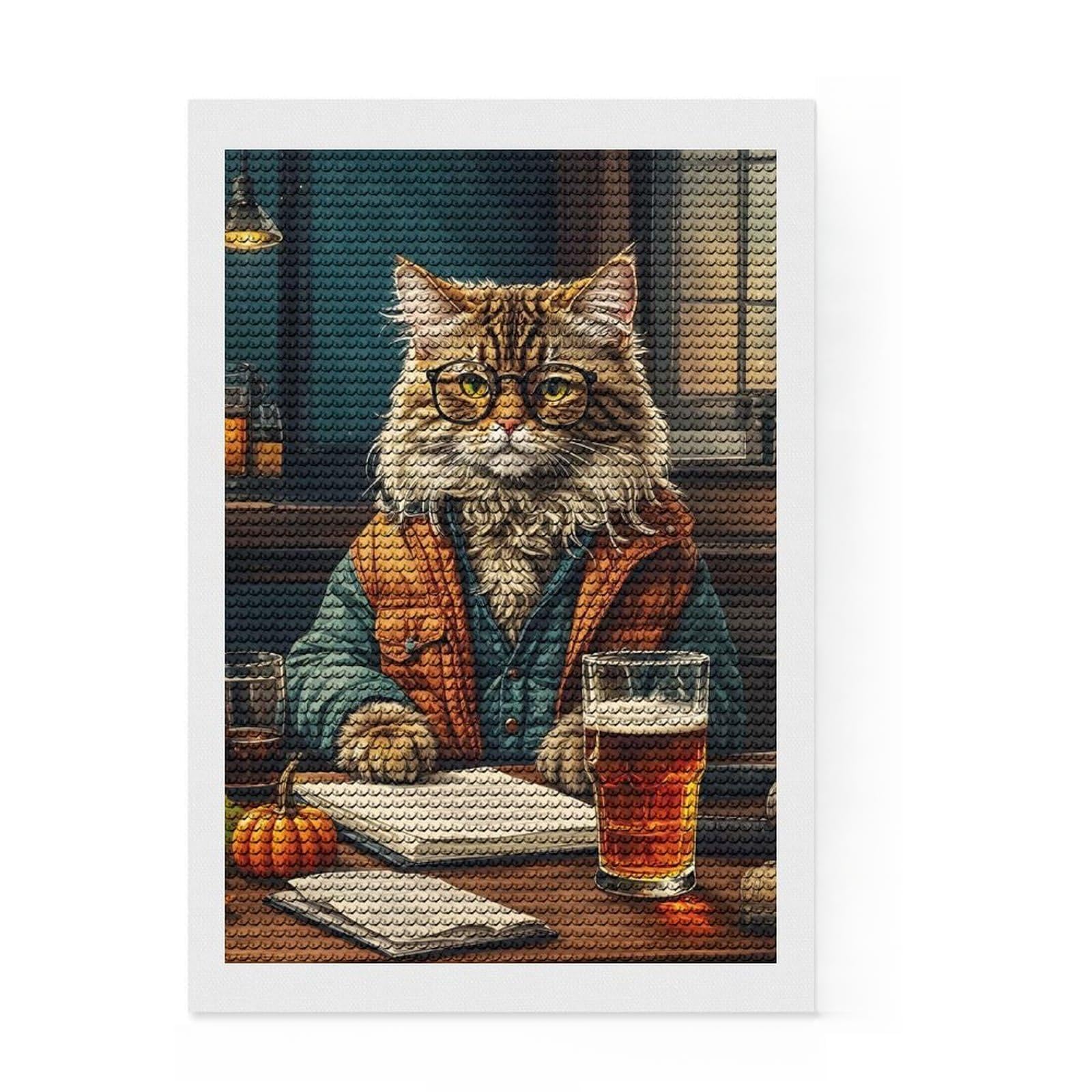 Junmoney Intelectual Cute Cat Diamond Painting Set 8"x12", Festive Craft Gift, for Beginners, Full Kit Included, Vintage Style Decor
