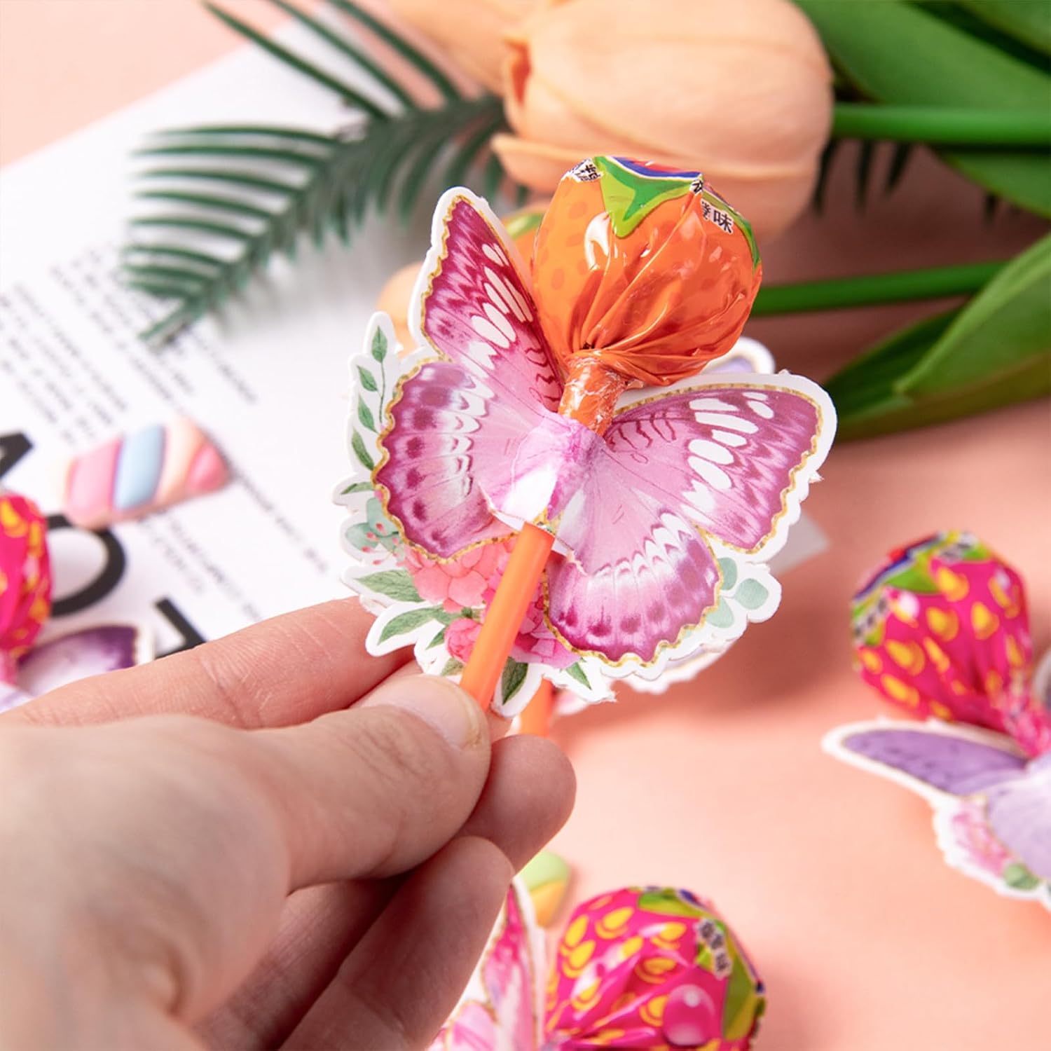 Butterfly Lollipop Paper Card Spring Butterfly Shaped Lollipop Paper Holder Butterfly Flower Wrapping Candy Decoration for Spring Summer Garden Birthday Mother's Day Party Decor image 3