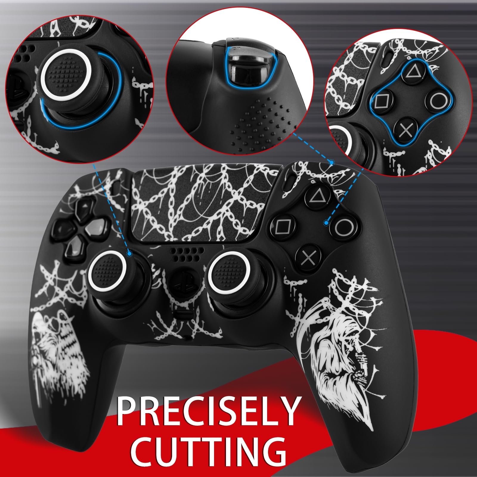 Coque en silicone antidérapante pour manette PS5 avec 2 capuchons de joystick et 1 autocollant Michael et Reaper