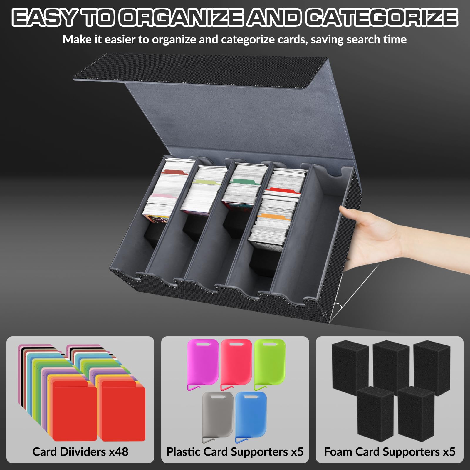 Scatola per Carte per Oltre 3600+ Carte, Scatole per Carte Collezionabili con 48 Divisori Colorato, 5 Blocchi in sSchiuma, 5 Fogli di Plastica, Scatole per Mazzi Magnetici PU per Carte(Nero Grigio)