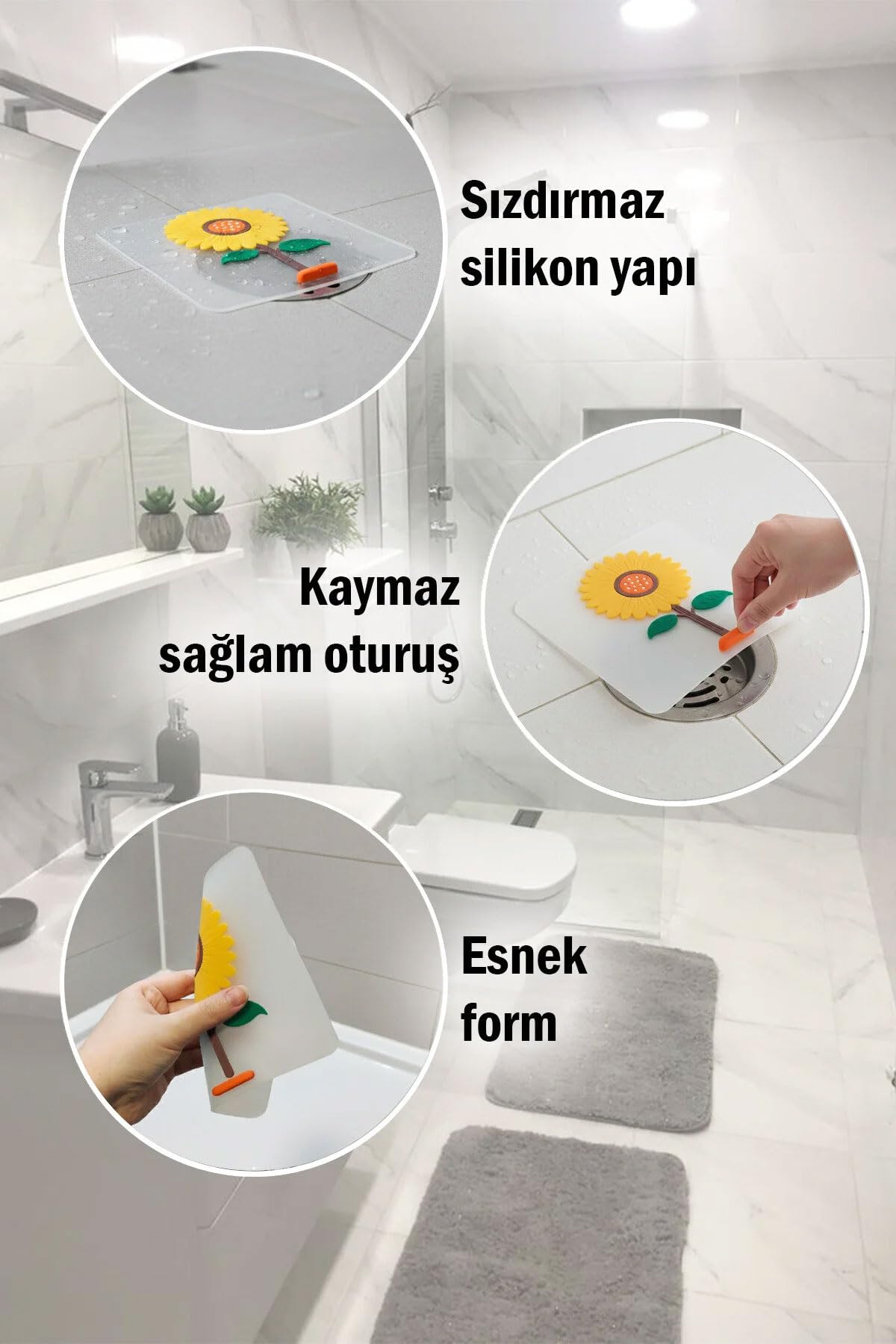 TİNEKE Ayçiçeği Kare Silikon Kötü Koku Önleyici Gider Kapağı – Banyo, Mutfak, Balkon Lavabo Tıpası 14,5x14