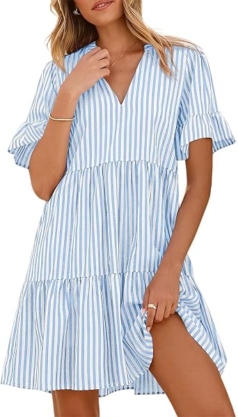Dresses for Women with Pocket Summer 2026 Striped V Neck Ruffle Sleeve Dress A Line Tiered Casual Beach Dress