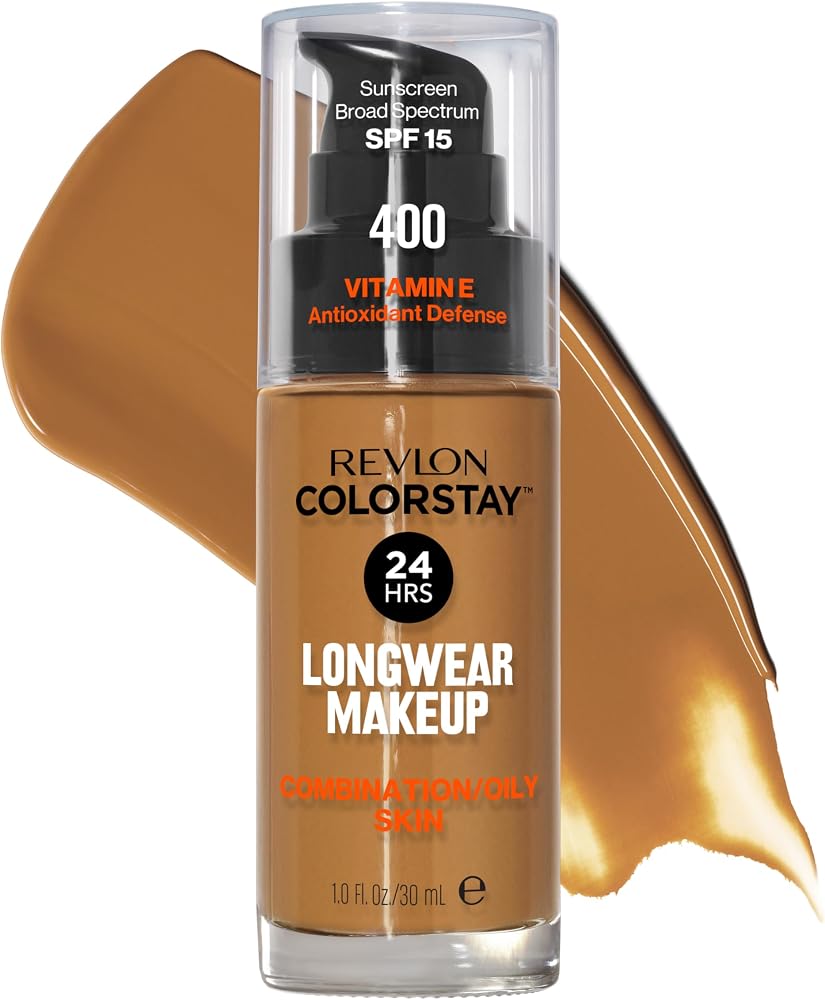Revlon Liquid Foundation, ColorStay Face Makeup for Combination & Oily Skin, SPF 15, Medium-Full Coverage with Matte Finish, 400 Caramel, 1 Fl Oz