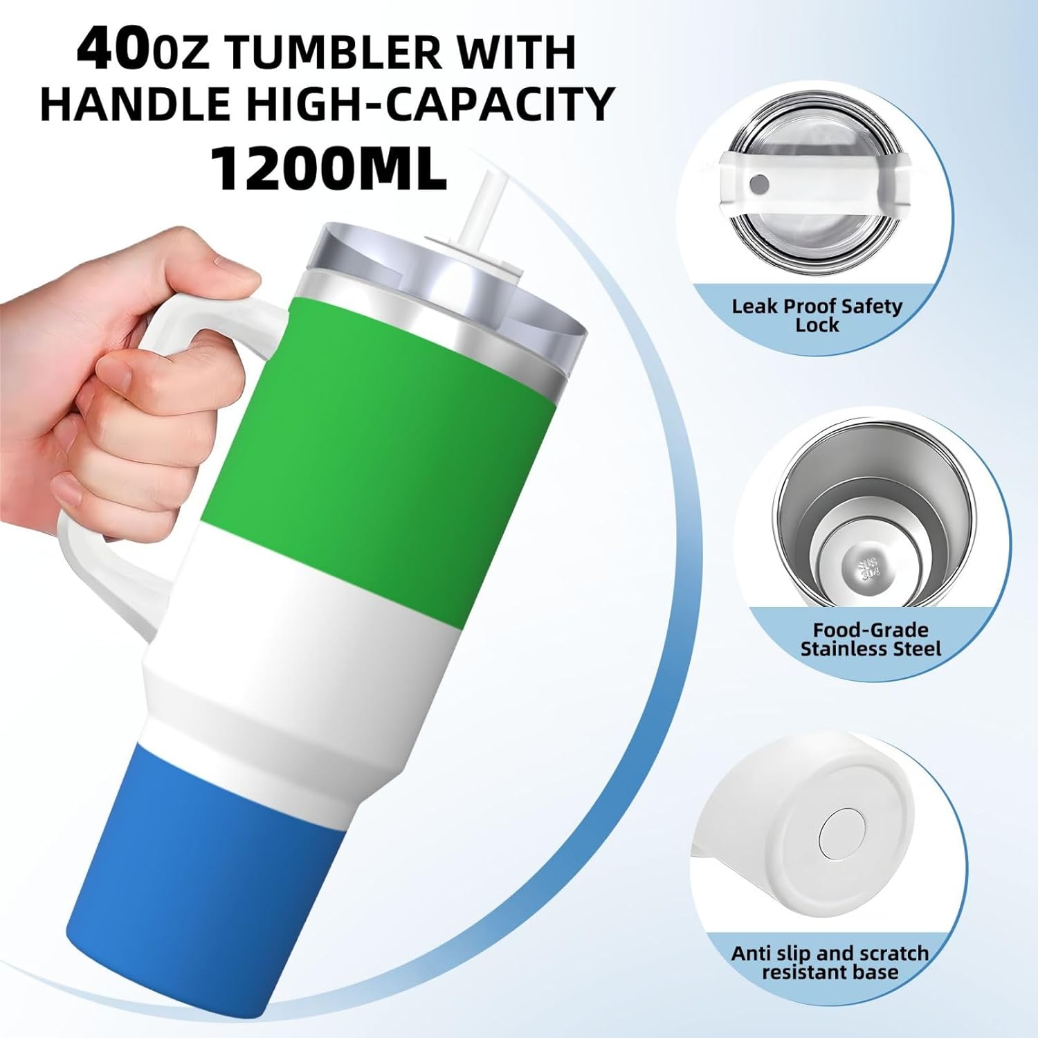 40 OZ Sierra Leone flag Print Ice Bully Cup with Handle Straw Lid Straw,Stainless Steel Tumbler Coffee Cup