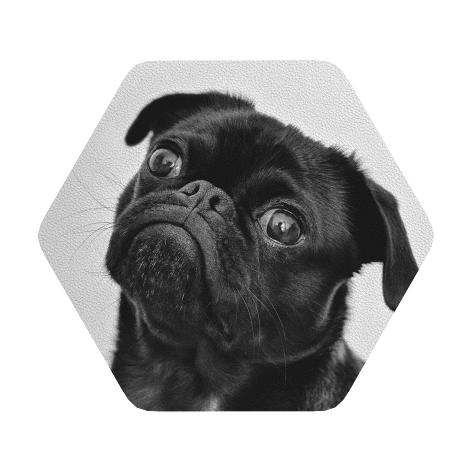 Cute Black Pug Dog PU Leather Coasters Set of 6 Hexagon Drink Coasters