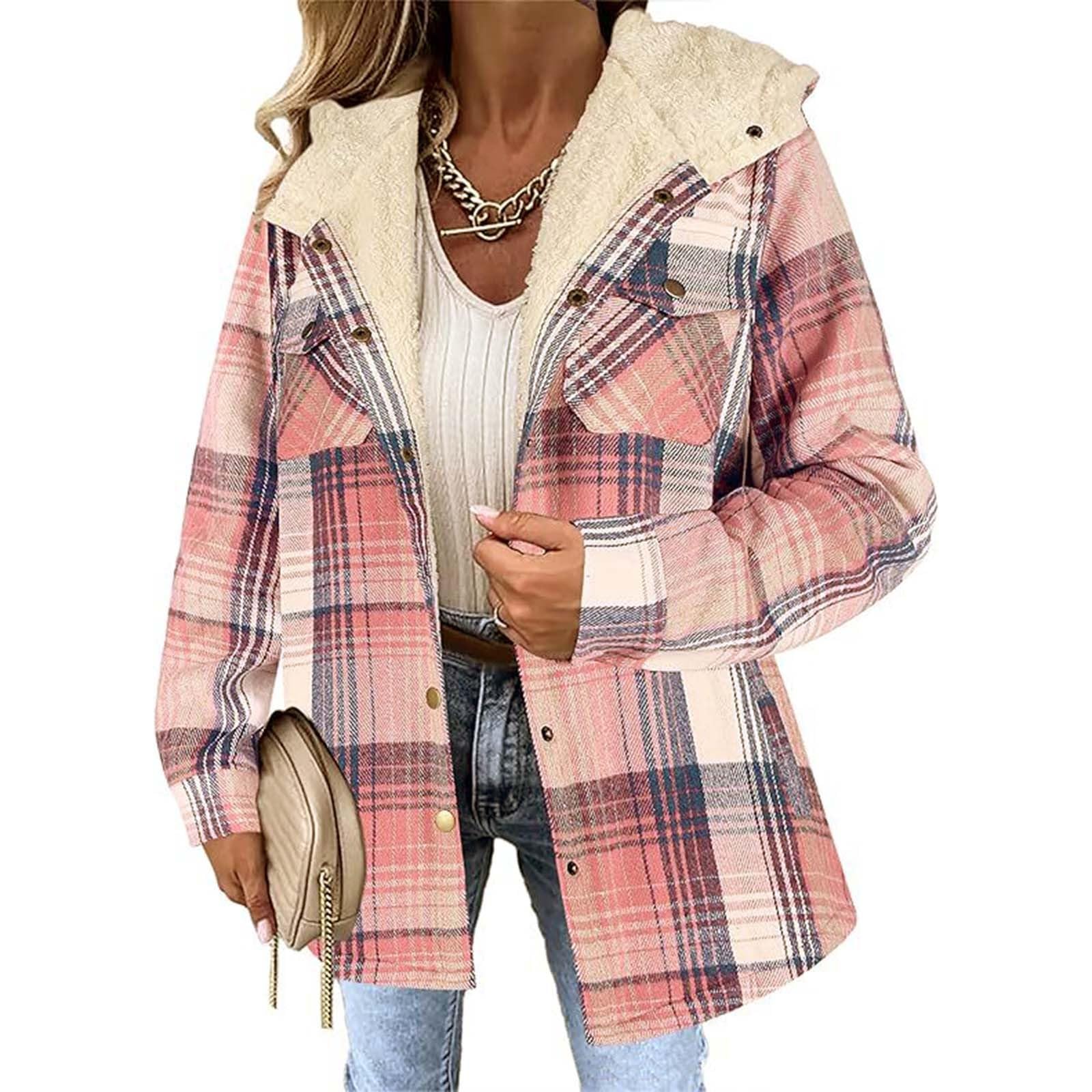 Chaqueta Mujer Invierno Abrigos De Cazadora Forro Polar，Chaqueta corta femenina con capucha forro polar estampado a cuadros abotonadura frontal y mangas largas para abrigo