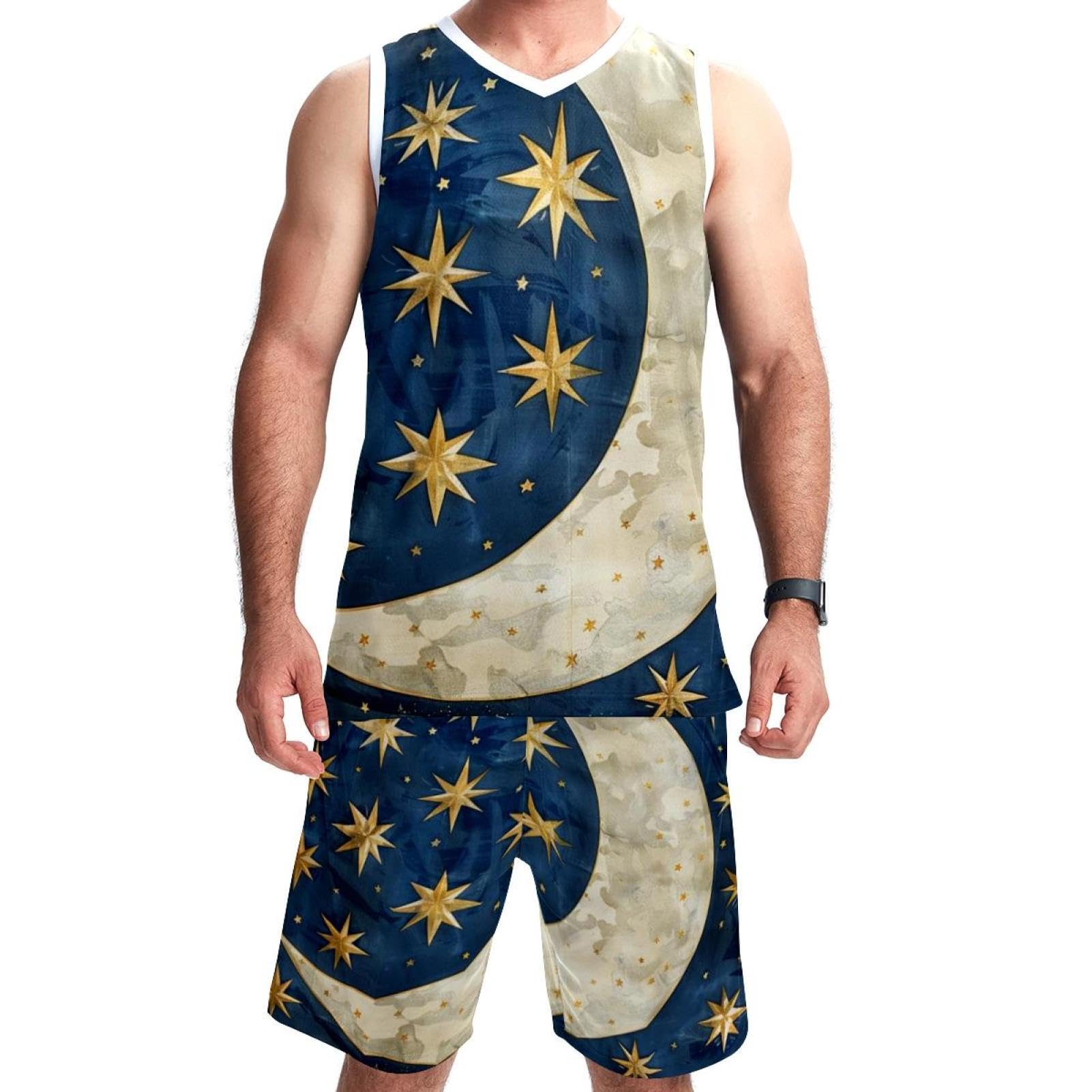 Basketballanzug für Herren, mit Taschen, Sportbekleidung für Herren, Teenager, Teamuniform, schöner Stern und Mond, Größe 5XL