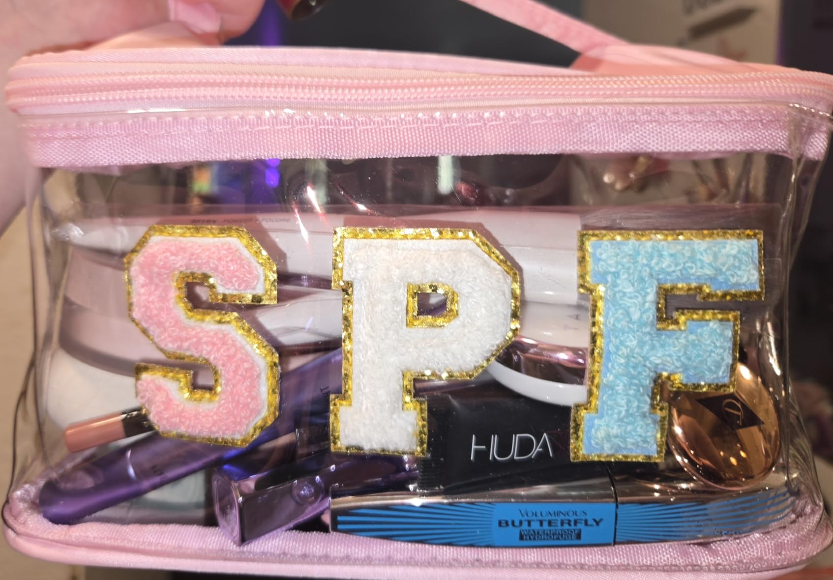 Lestikave Clear Waterproof Summer SPF Makeup Bag，Preppy Sunscreen Accessories Zipper Case，Aesthetic Chenille Letter Cosmetic Bag, Beach Vacation Travel Purse，Travel Toiletry Bag(02SPF Beige)