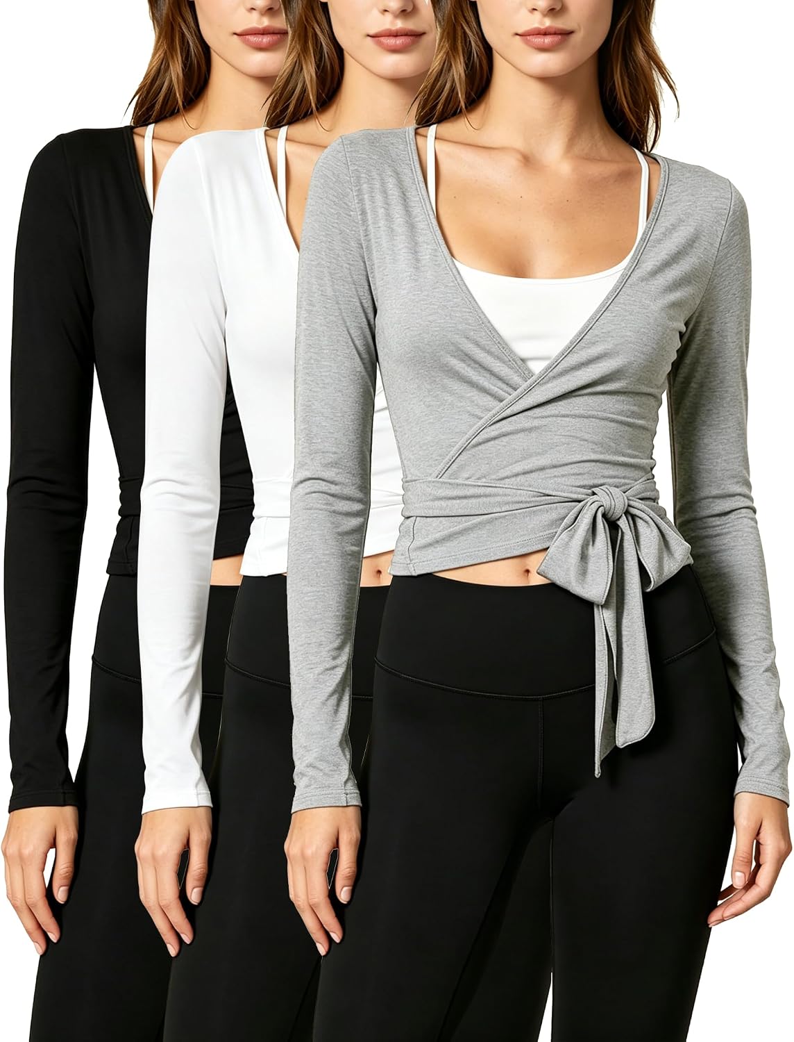 3 Pack Women Tie Wrap Tops Front Long Sleeve Ballet Pilates Yoga Workout Shirt Deep V Neck Crop Blouses