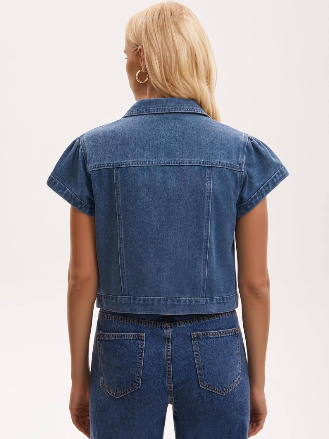 Women's Denim Jacket Cap Sleeve Cropped Button Down with Pockets Classic Jean Jackets - Image 5