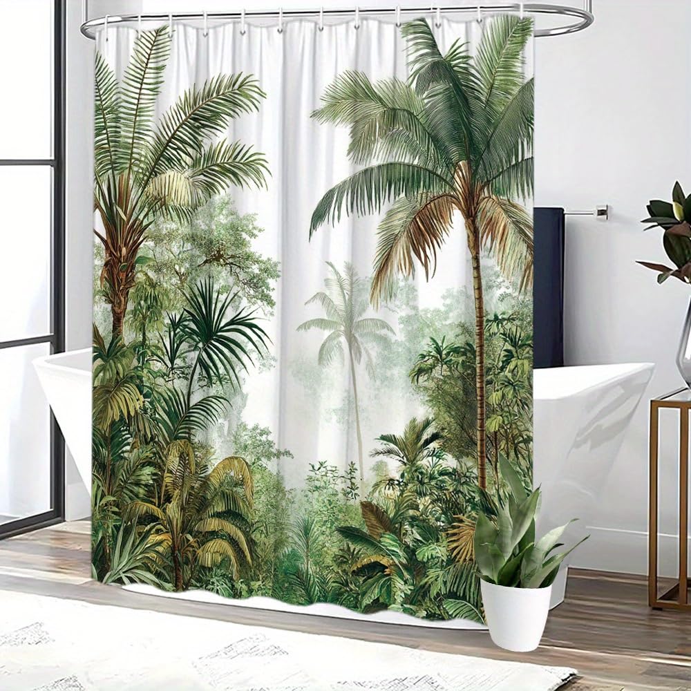 GLWDMB 1 Piece 150x180CM Tropical Rainforest Palm Trees and Ferns Printed Shower Curtain With Hook, Polyester, for Windows And Walls, Bathtub, Bathroom, Machine Washable, All Season Universal