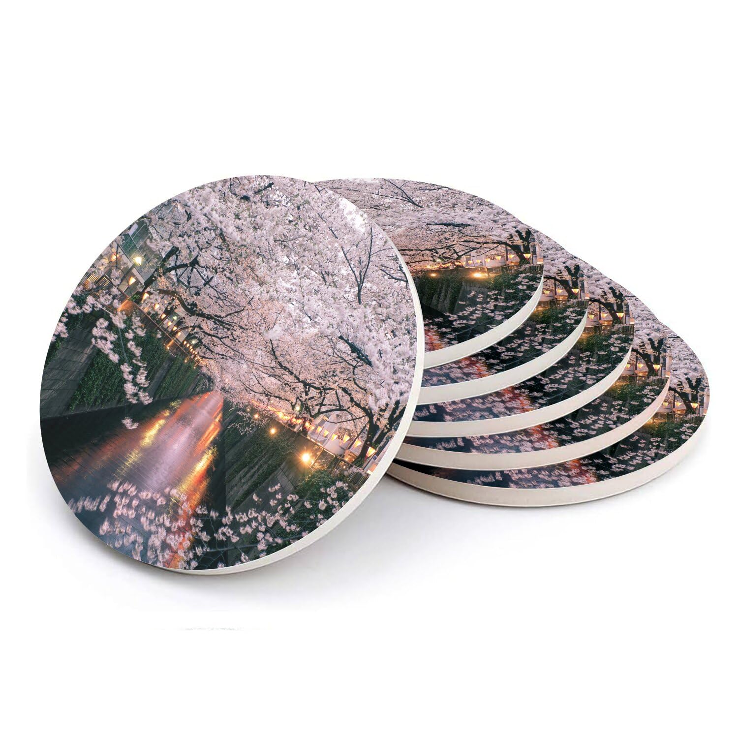 Sous-verre ronds en céramique japon cerisier en fleur canal sakura lot de 6