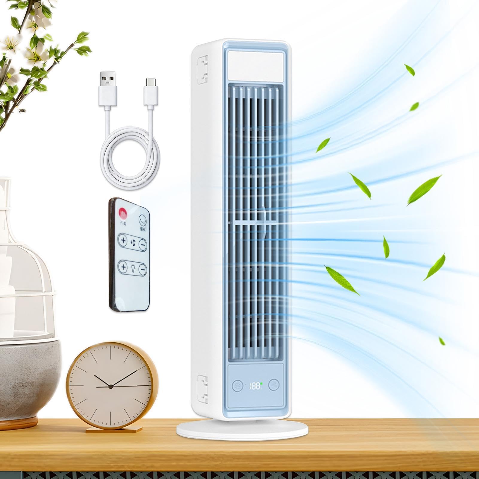 Ventilatore a Torre Senza Pale 5 Velocità Controllo Touch Ricaricabile 3600 | Ventilatore a Torre con Ampia Area per Camera da Per Dormitorio Ufficio Appartamento Soggiorno Ristorante