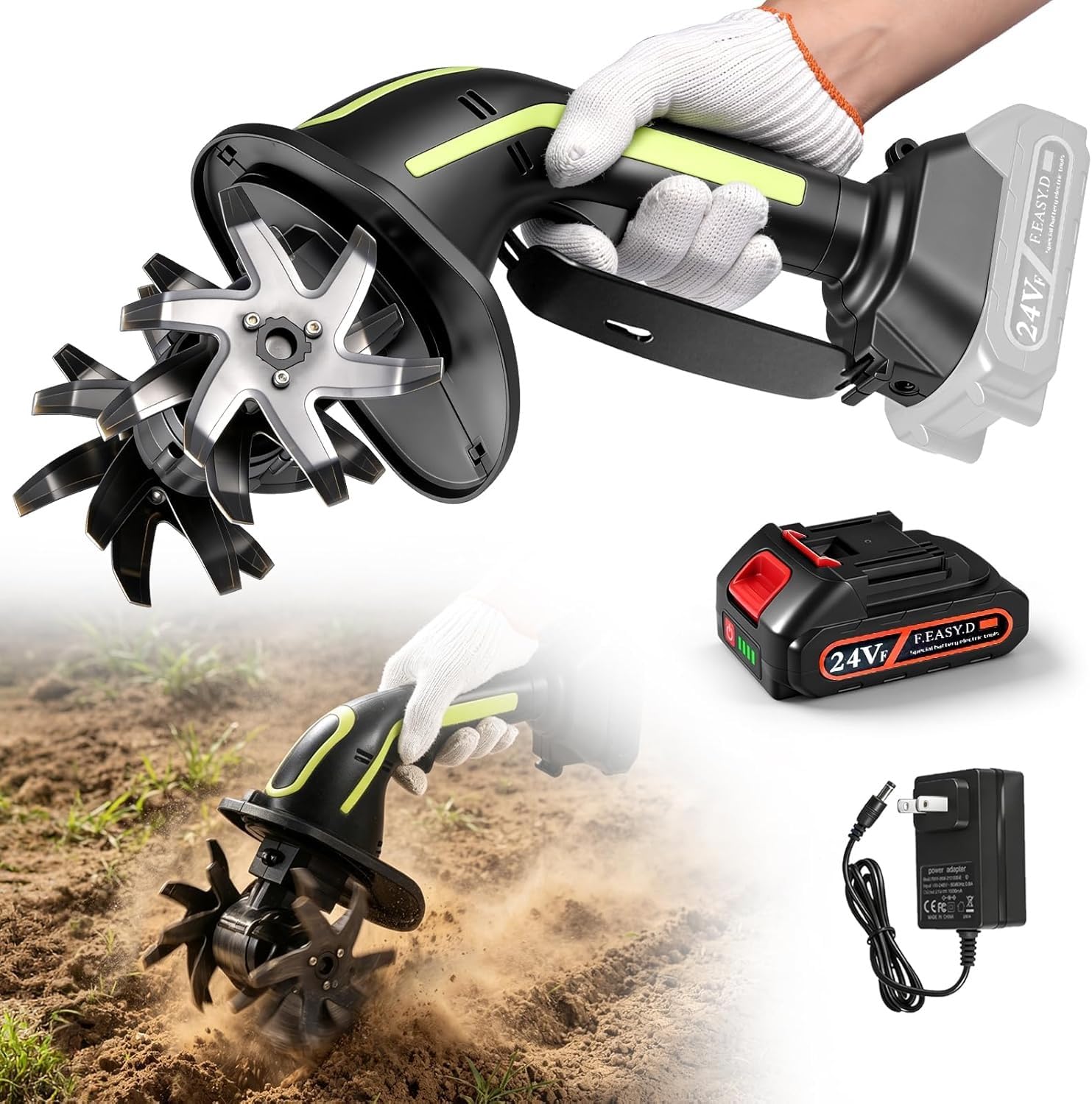 Motocoltivatore a Batteria con 1 Batterie 24V, Motozappa Elettrica da Giardino, Profondità e Larghezza di Lavoro 10 cm, Coltivatore Portatile per Prato, Giardino, Serra e Orto