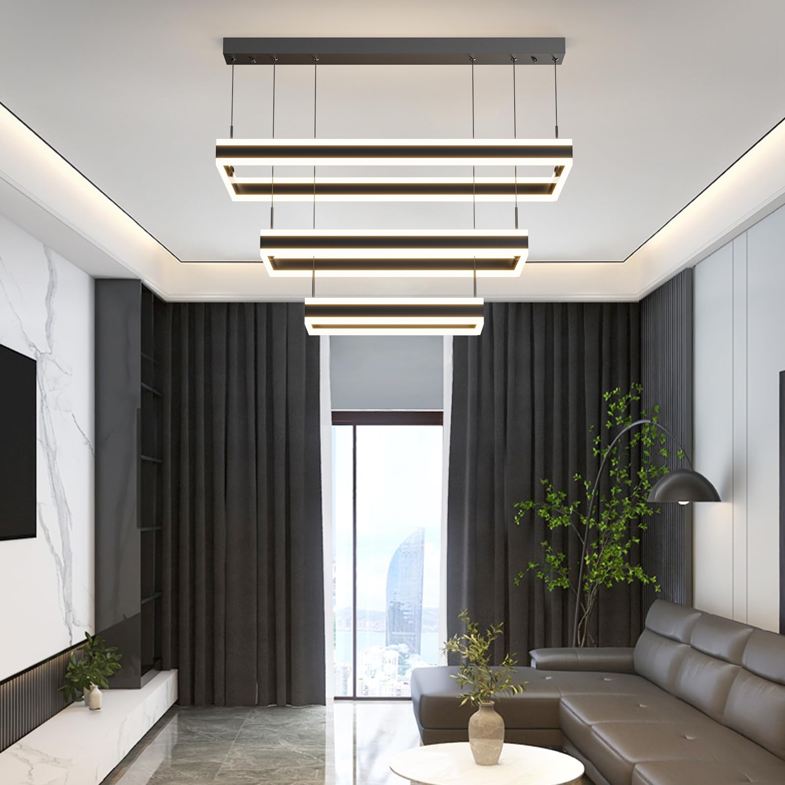 Mikeru 3 Ring LED Dining Suspension Light, 40+60+80cm Living Room Hanging Light Dimmable10%-100% 3000-6000k High Ceiling Hanging Light with Remote Control for Dining Room