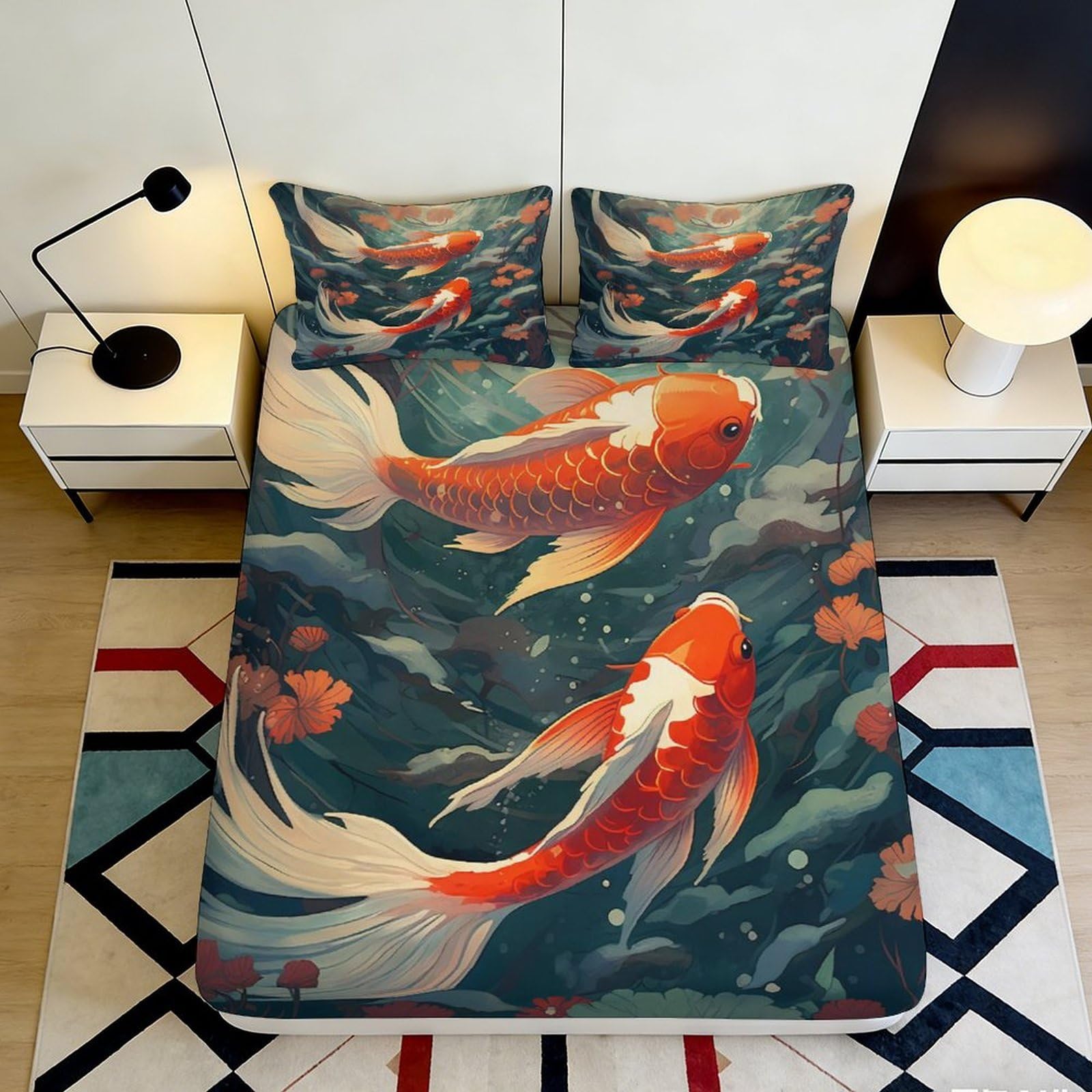 3D Printed Koi Fish Fitted Sheet Microfiber Soft Breathable Lotus Pond Bed Cover for Bedroom Guest Room Decor 90x200x25cm