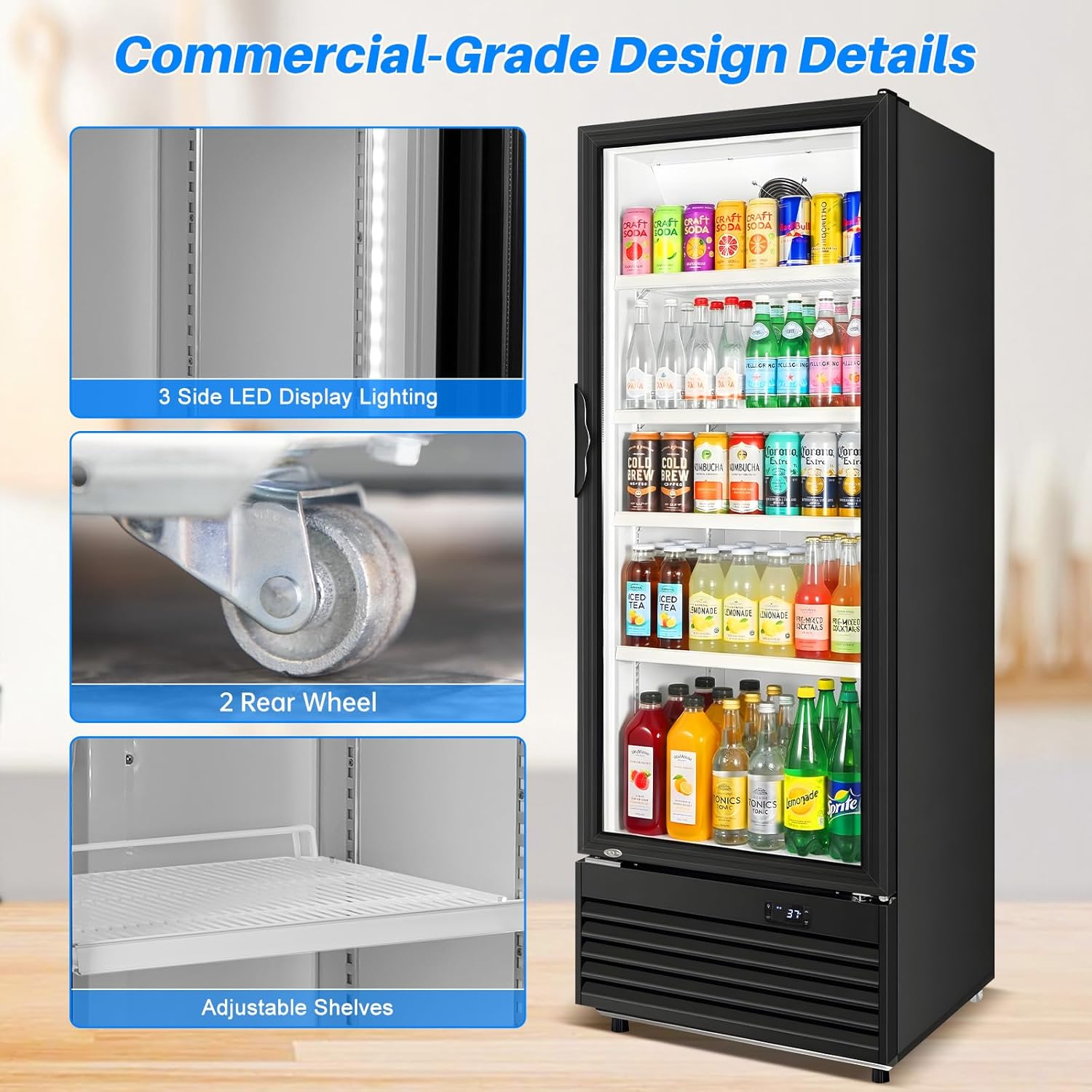 Commercial Beverage Refrigerator, 24.5" Glass Door Display Fridge, 15 Cu.Ft Freestanding Beverage Cooler with 4 Adjustable Shelves, Auto Rebound Door, Low Noise, for Shops, Restaurants & Bars, Black