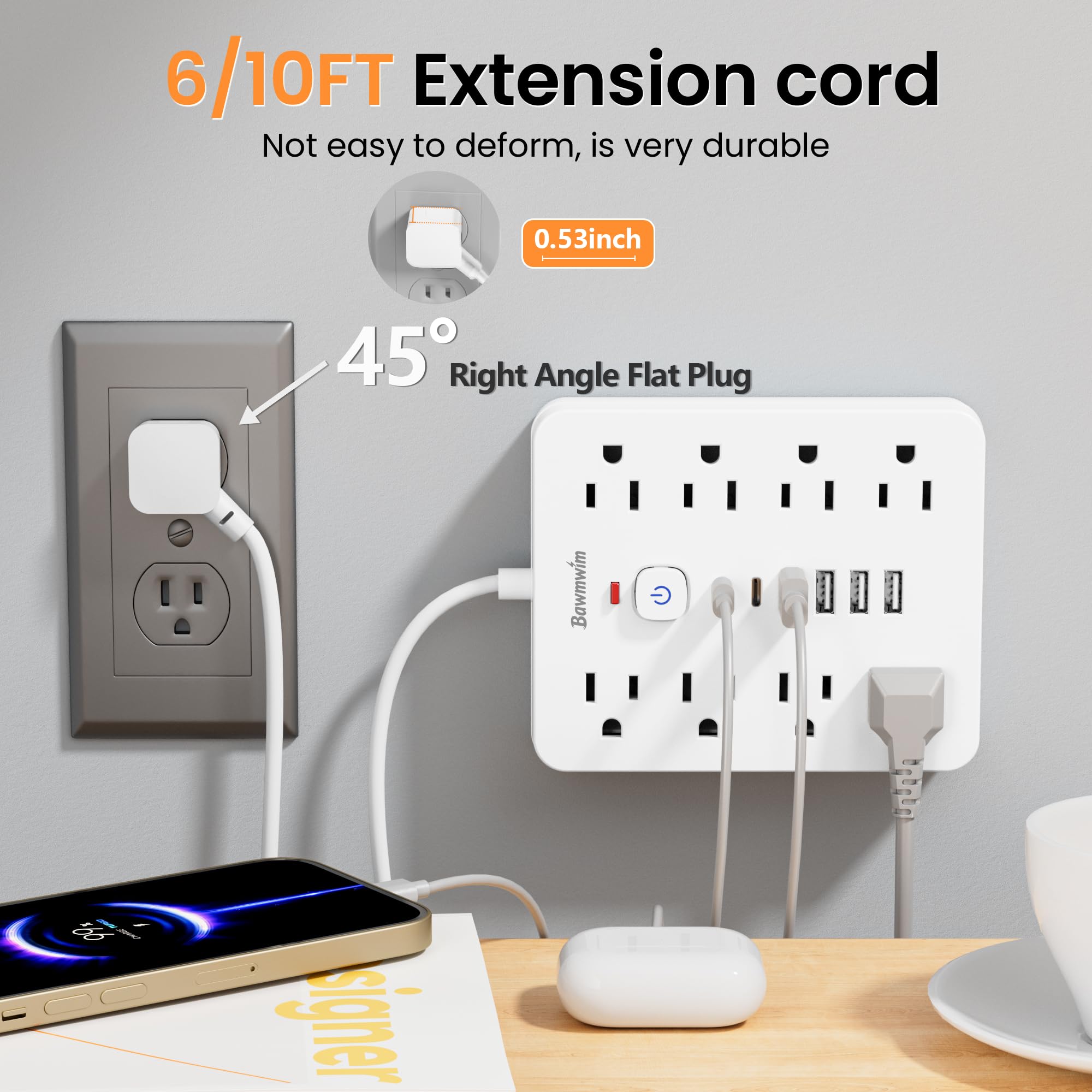 Steckdosenleiste mit Überspannungsschutz - 8 Ausgänge (1250W/10A) 4 USB A (2 USB C, 3.0 m Flachstecker Verlängerungskabel, Multi-Stecker-Extender für