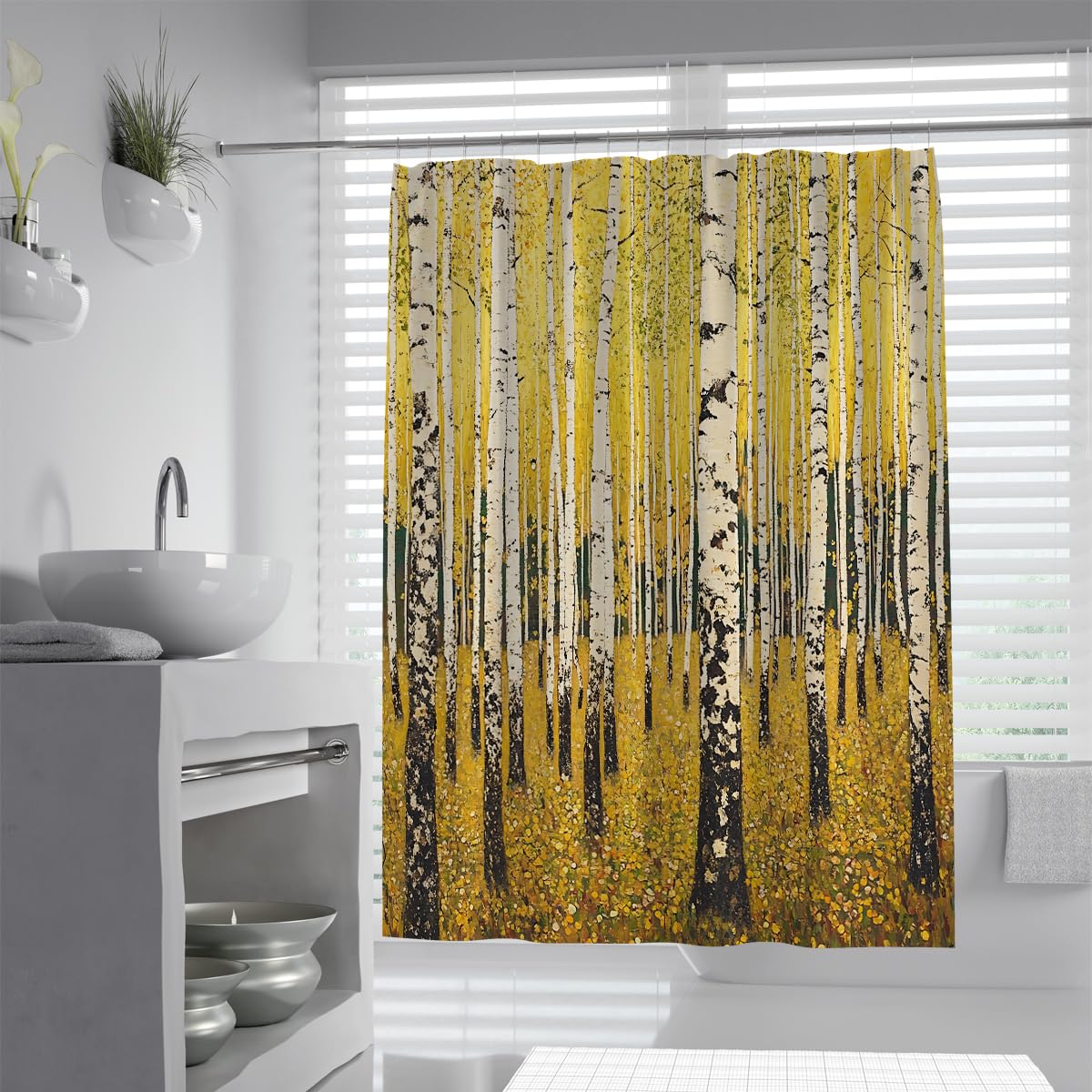 OLLIAR Home Yellow Birch Trees Shower Curtain Set Autumn Woodland Forest Oil Painting Style Waterproof Polyester Fabric Bathroom Curtains with Hooks 180x200