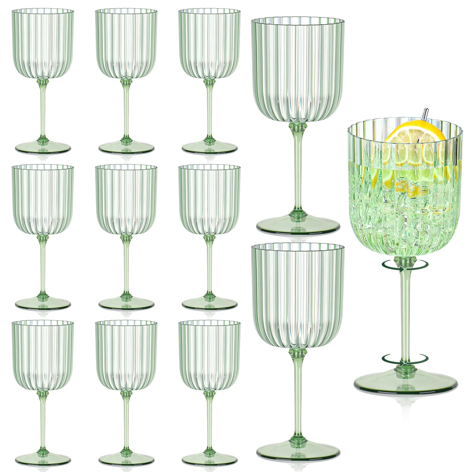 Photo 1 of 12 PCS Plastic Ribbed Wine Glasses 11oz Green Detachable Wine Goblet Vintage Ripple Water Goblets Cocktail Drinking Cups for Parties Weddings Poolside Outdoors