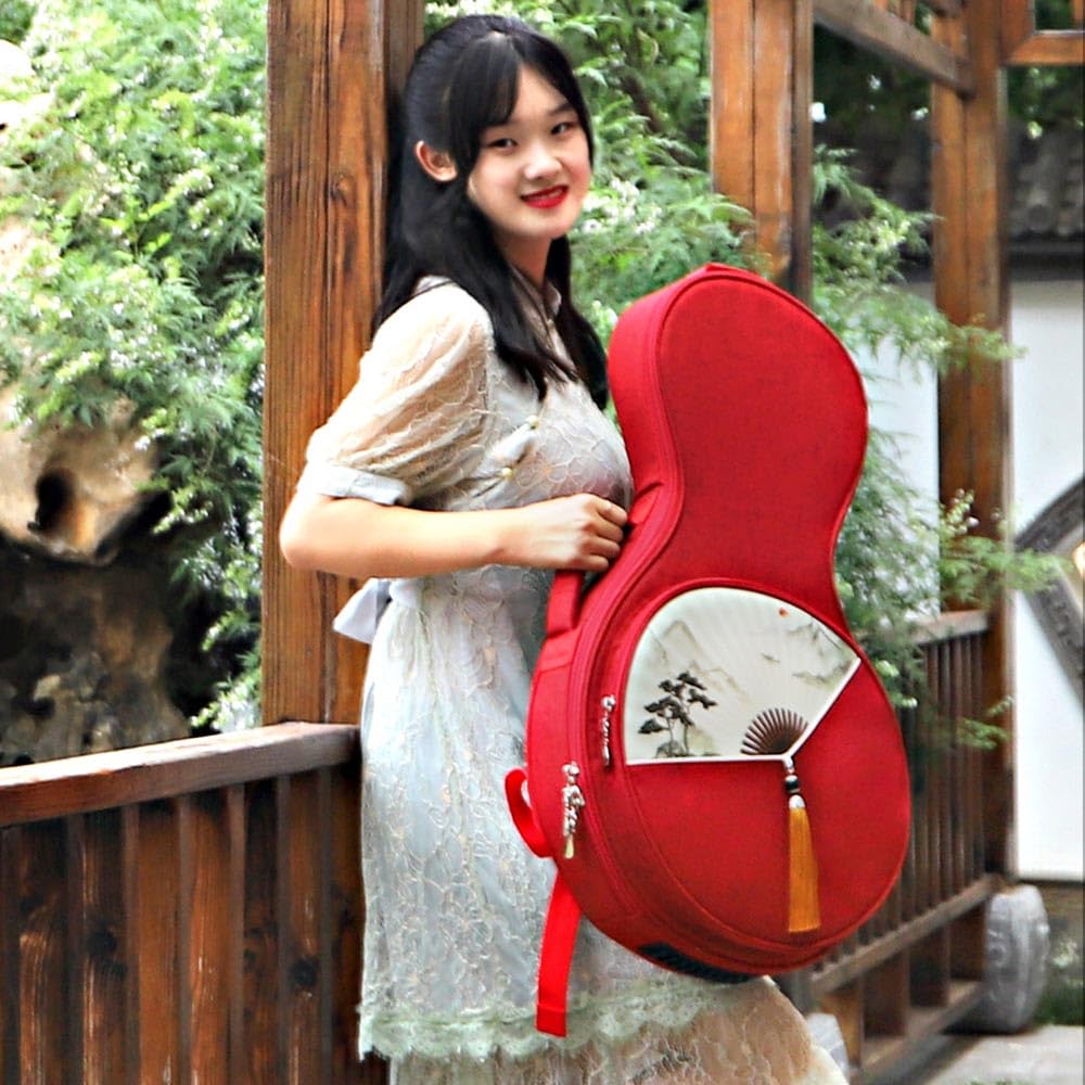 Yueqin Borsa a tracolla con motivo a ventaglio, per musica folk, per uso professionale liuto cinese, liuto lunare, banjo, strumento musicale, banjo cinese (rosso)