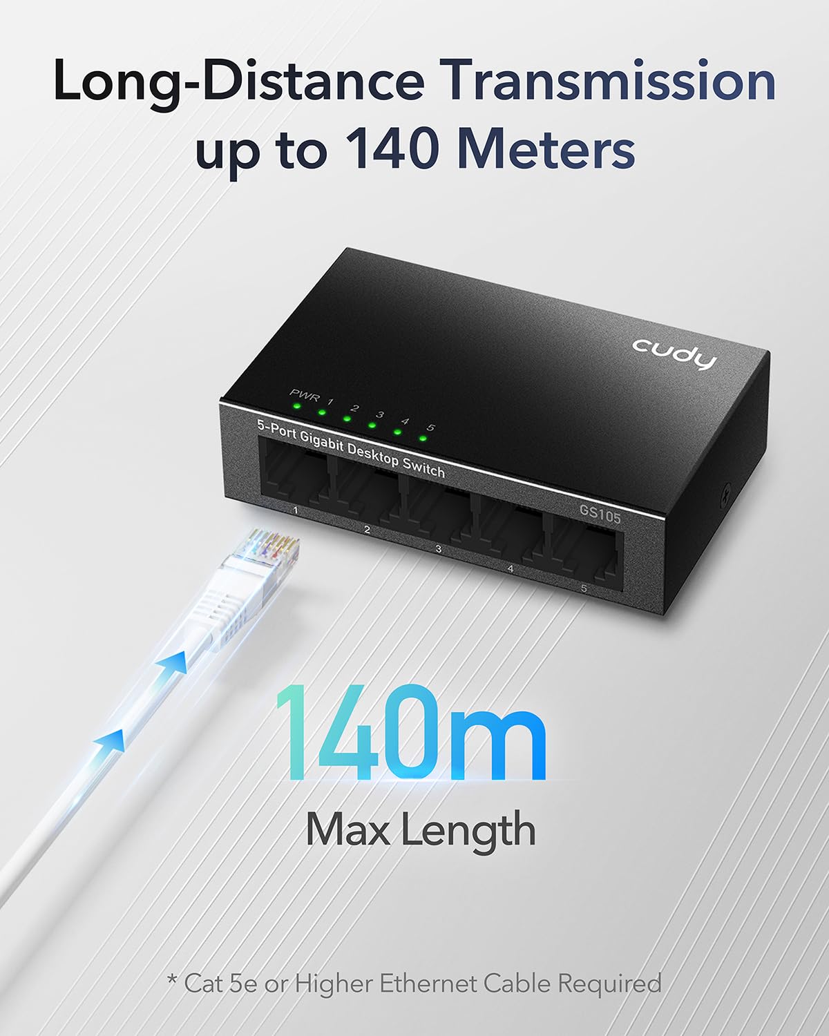 Cudy GS105 Switch Ethernet Gigabit 5 Porte, 10/100/1000 Mbps Hub Ethernet, Plug & Play, Cassa del Metallo