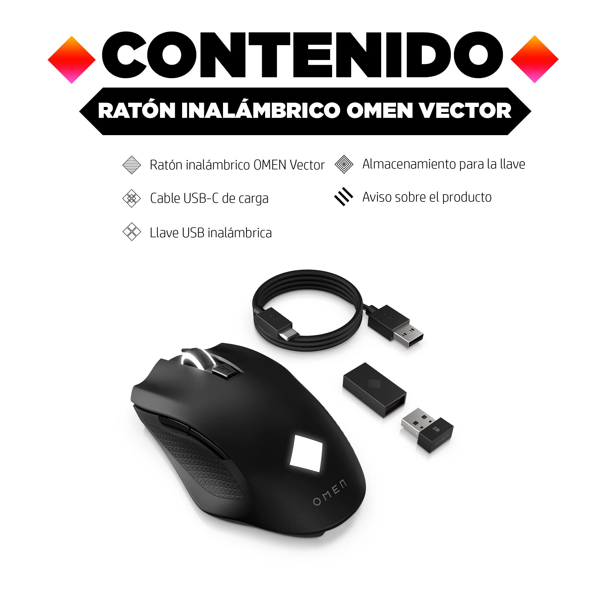 HP Omen Vector Ratón Gaming Inalámbrico - (16000 PPP, 6 Botones Programables, Batería hasta 180 Horas de Duración, Tecnología Warp Wireless, Windows 10 y Superior), Color Negro