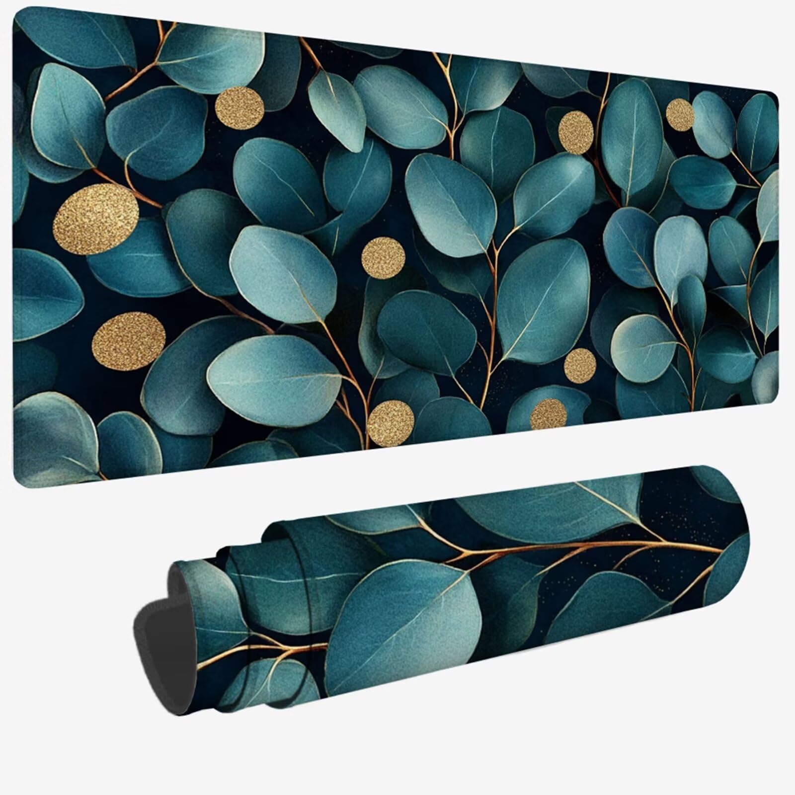 W-1092 Podkładka pod mysz XXL, 1500 x 800 x 3 mm, gamingowa podkładka pod mysz, zielona, z przyszytymi krawędziami, podkładka na biurko z antypoślizgową gumową podstawą, liście, podkładka pod mysz