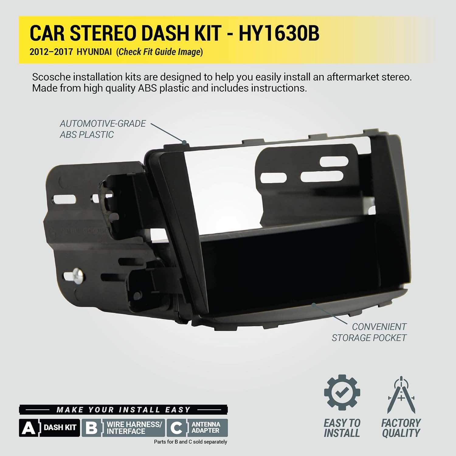 Scosche HY1630B Double DIN or Single DIN with Storage Pocket Radio Install Dash Kit Compatible with Select 2012-2017 Hyundai Accent - Aftermarket Car Stereo Installation Kit - See Fit Guide in Images
