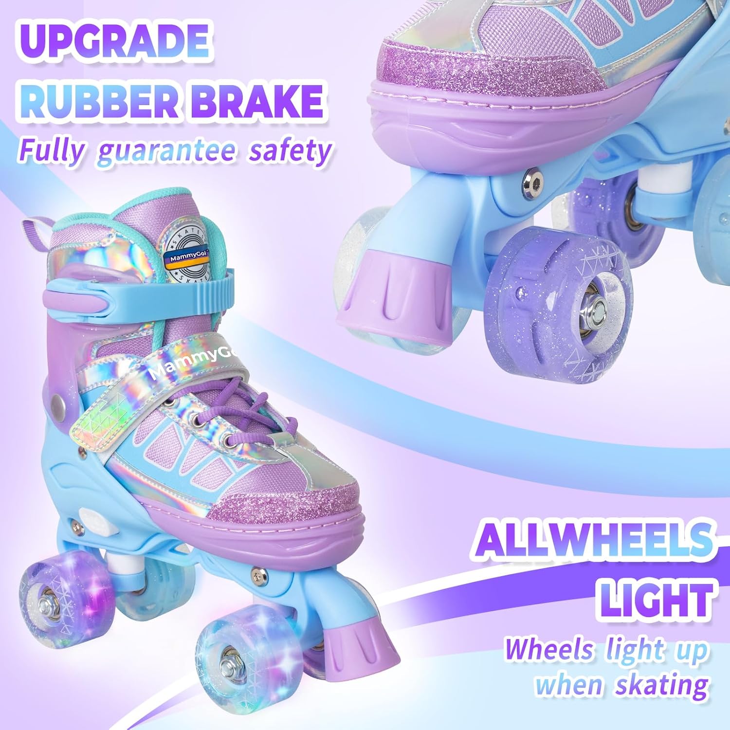 MammyGol Roller Skates for Kids Boys Girls, Adjustable Quad Skates with Light Up Wheels for Toddler Little Kids Ages 6-12, Beginners Outdoor Sports - Image 2