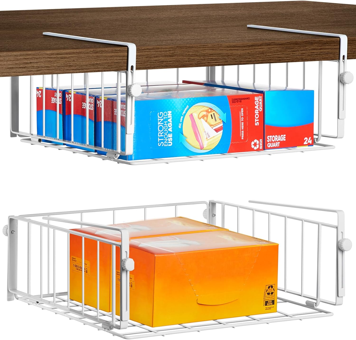AmonHouseware 2 Pack Hanging Under Shelf Storage Basket,Adjustable Under Cabinet Add-on Storage Racks Slide-in Baskets Organizer for Laundry Room Kitchen Pantry Desk Bookshelf, White