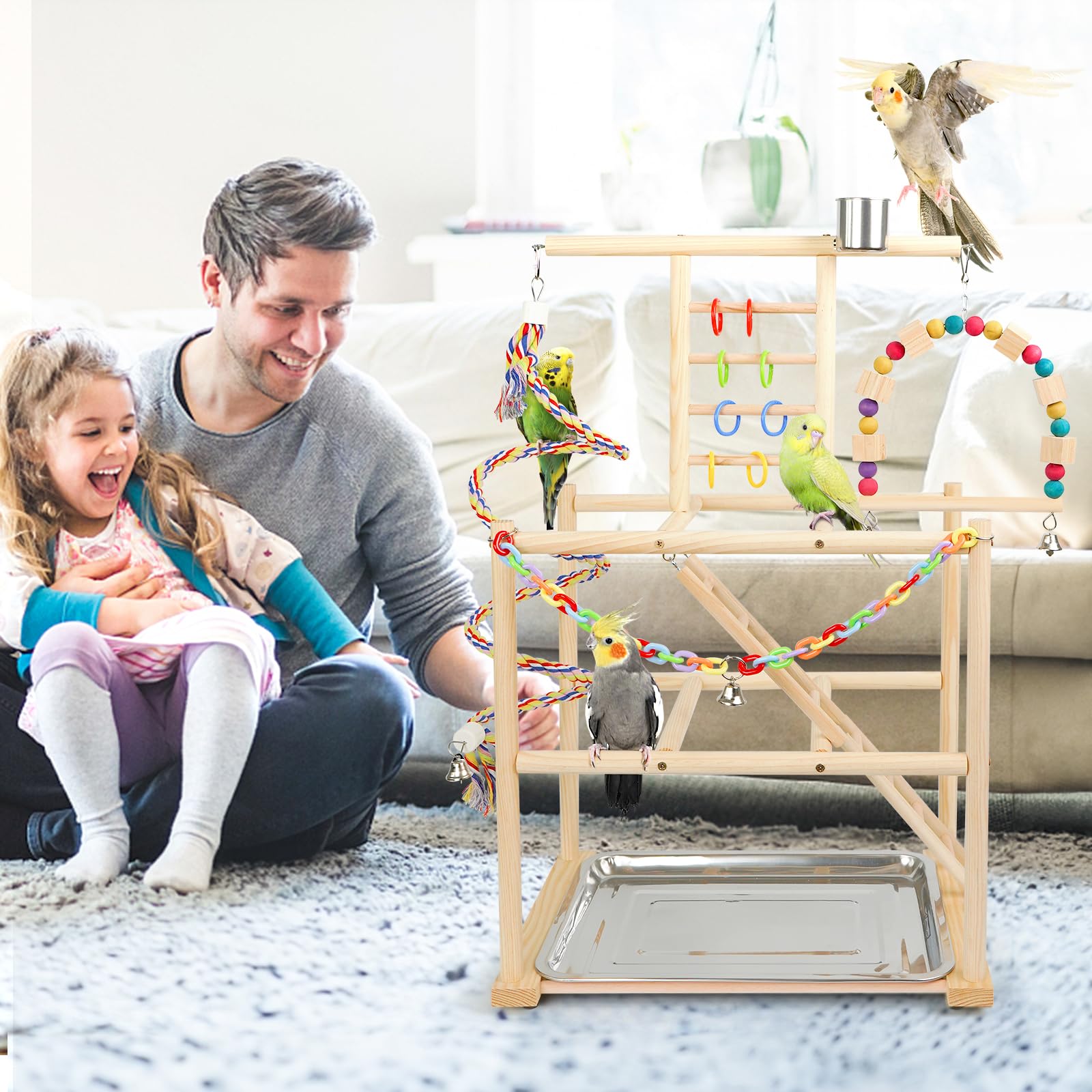 Bird Playground, Parrots Playstand for Small to Medium Birds, Perch Stand with 3 Ladders Playgym with Rope Perch, Swings Feeder Cups Bird Cage Accessories for Conure Cockatiel Lovebirds - image 7