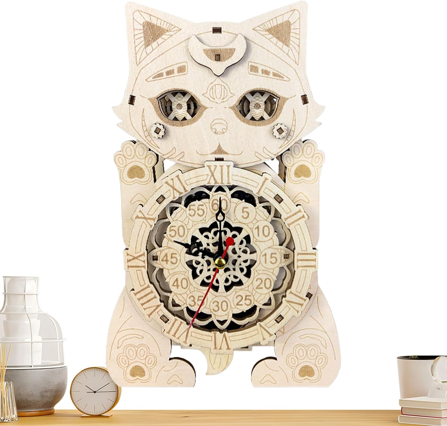 木製猫パズル &ndash; クラフト組み立て時計 3Dキャットウォールモデル | 装飾クラフトプロジェクト 精密カットの木製ホビーセット 振り