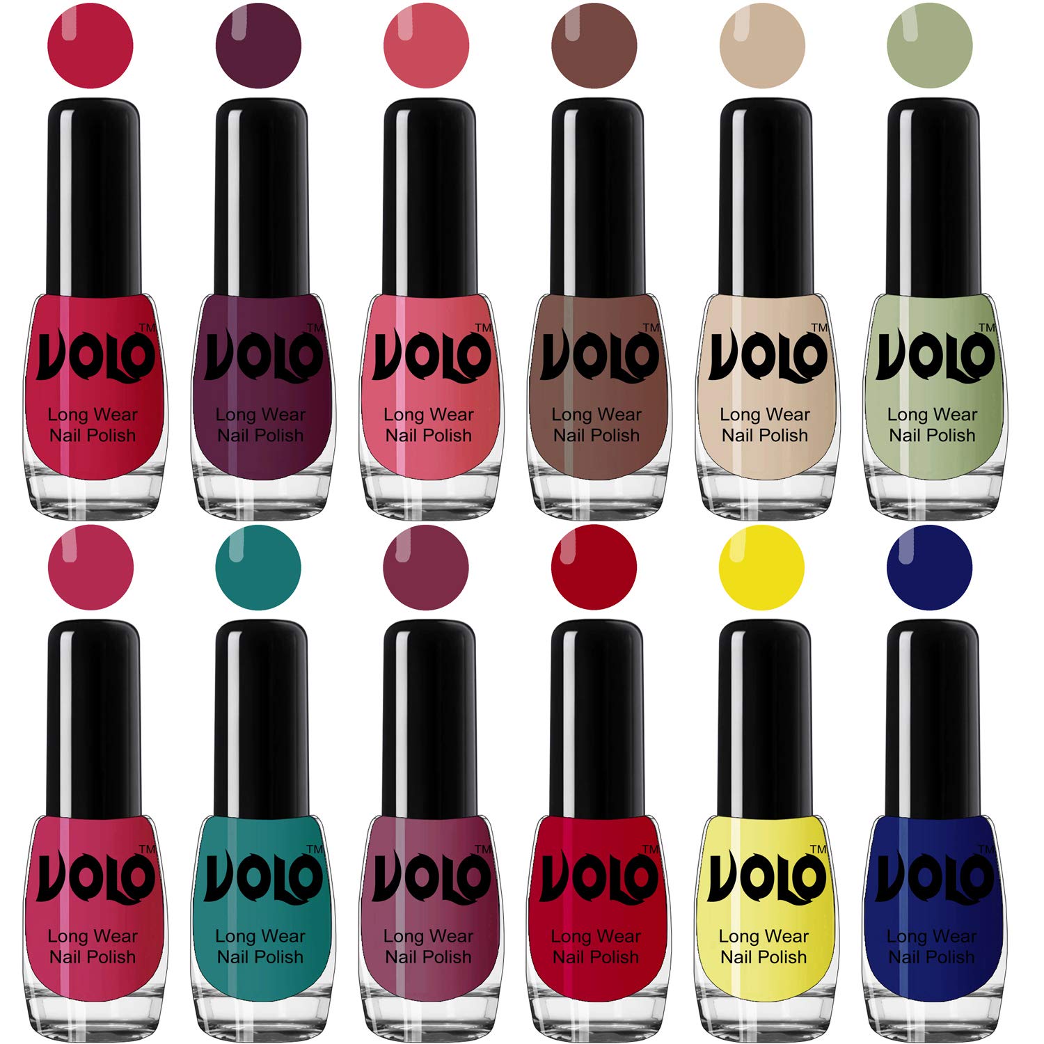 Volo True Wear High Gloss Impresso Nail Polish Sets of 12 Nail Paints(Corals, Wine, Pink, Nude, Nude, Mint, Pink, Green, Pink, Red, Yellow, Blue) 60 ML-image-12
