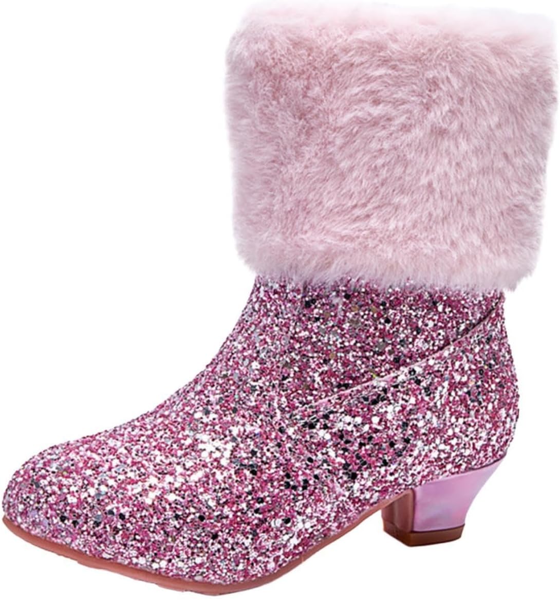 Sequin Low Heeled Ankle Boots for Girls Fur Lined Fall Winter Snow Boots Sparkly Glitter Block Heel Booties Fashion