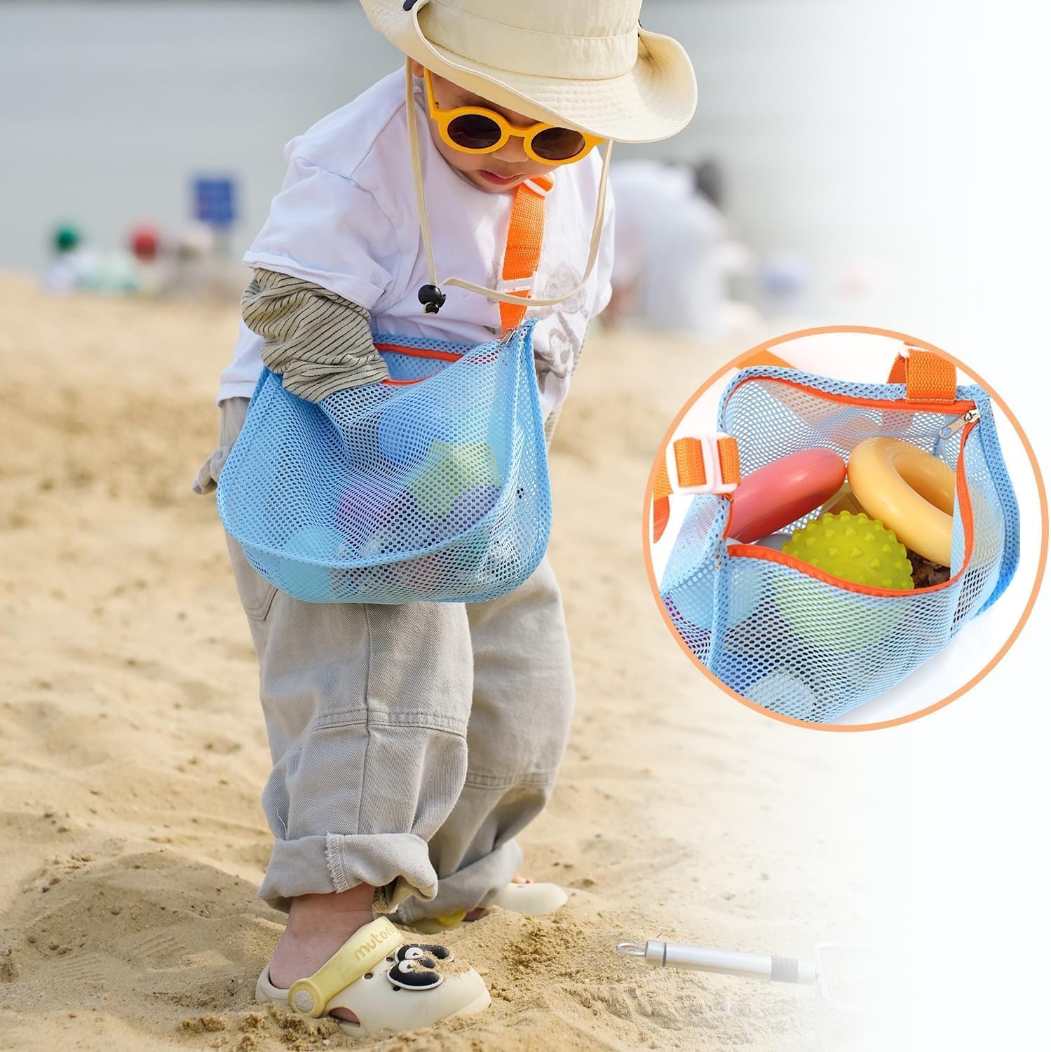 Large Kids Stainless Steel Beach Mesh Shovel with Adjustable Polyester Mesh Bag for Shells Collecting, Metal Sand Scooper for Picking Up Fossils, Big Shark Tooth Sifter Dipper Sandbox Toy for Children