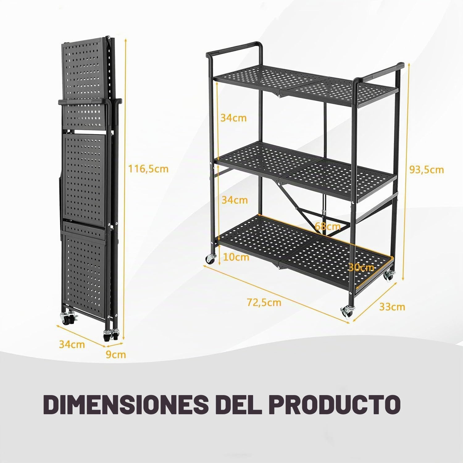 GOPLUS - Carro plegable con ruedas de 3 niveles, con asa práctica, ahorro de espacio para garaje, cocina, hogar, oficina y almacén