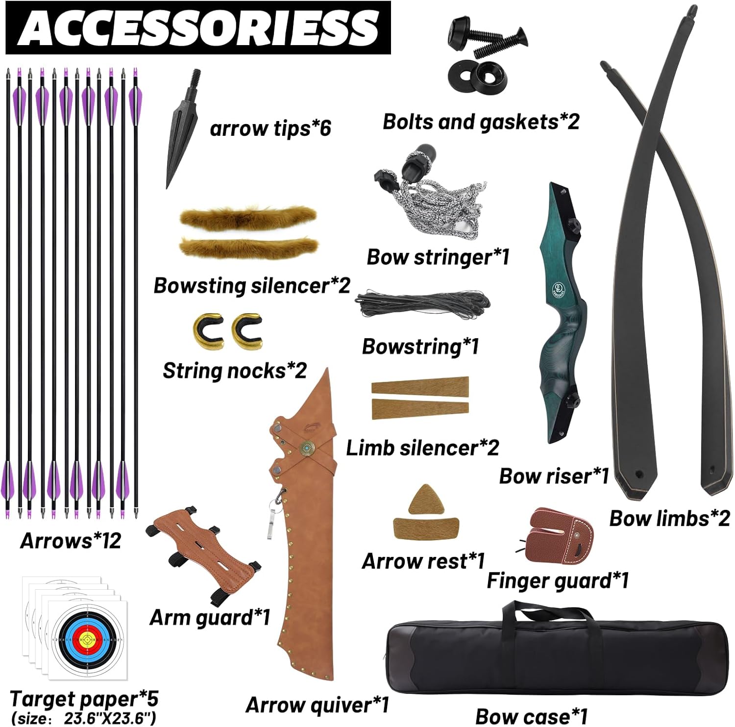 Archery Longbow and Arrow Set Archery Hunting Long Bow with Arrow Quiver and Bow Case 25-60lbs Right Handed Longbow Kit for Shooting Target