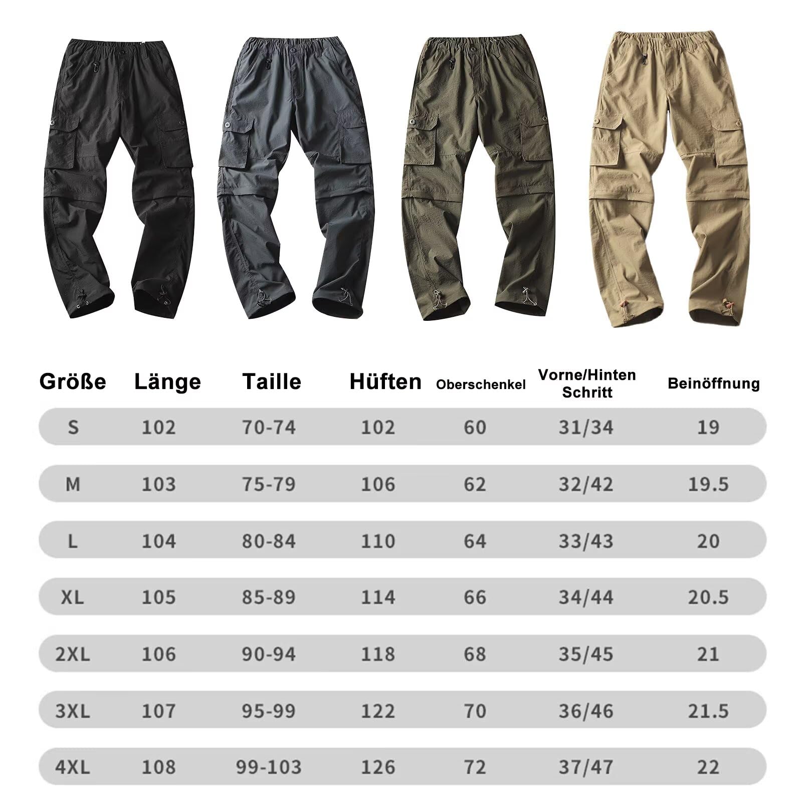 Pantaloni da trekking da donna, con zip off, ad asciugatura rapida, da trekking, con gambe rimovibili, traspiranti, pantaloni cargo estivi, pantaloni funzionali con cintura, 6 tasche