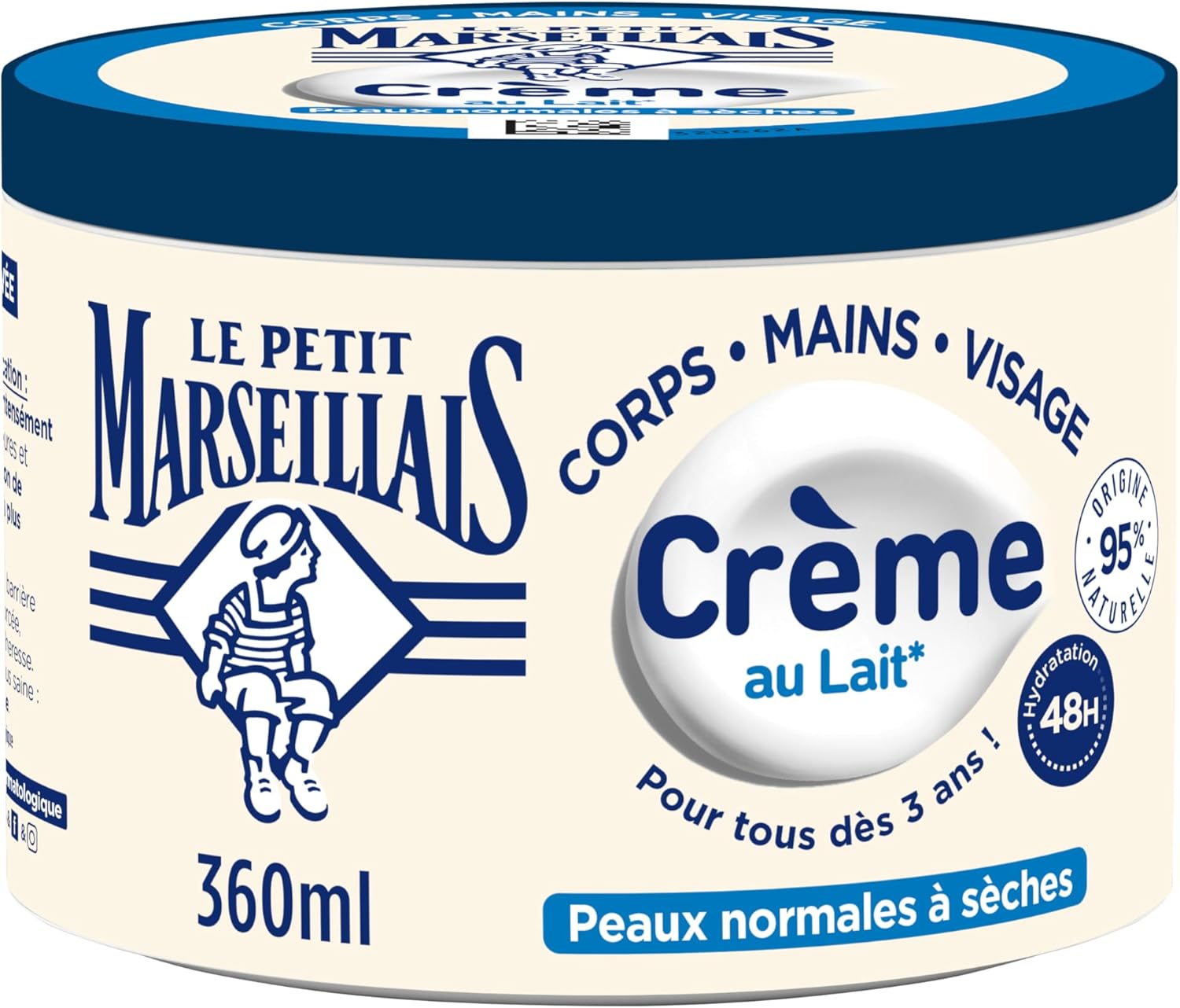 Le Petit Marseillais Lait Crème Hydratant Multi-Usages (Pot 360 ml) – Crème Corps, Mains et Visage Peaux Normales à Sèches – Soin Hydratant 48h à 95% d&rsquo;ingrédients naturels
