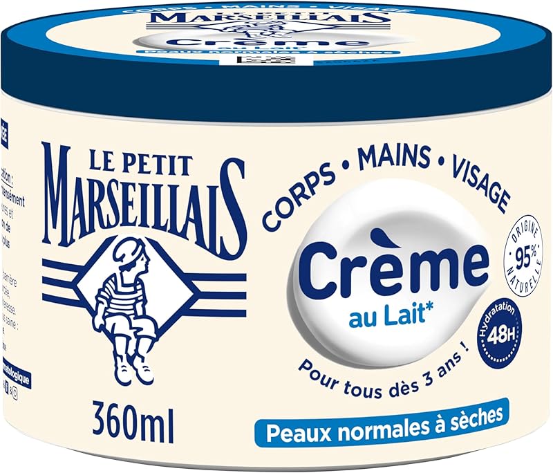 Le Petit Marseillais Crème Hydratante Multi-Usage Lait (pot de 360 ml) – Crème corps, mains et visage pour les peaux normales à sèches – Soin hydratant 48h avec 95% d'ingrédients d'origine naturelle