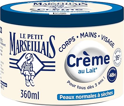 Le Petit Marseillais Crème Hydratante Multi-Usage Lait (pot de 360 ml) – Crème corps, mains et visage pour les peaux normales à sèches – Soin hydratant 48h avec 95% d'ingrédients d'origine naturelle