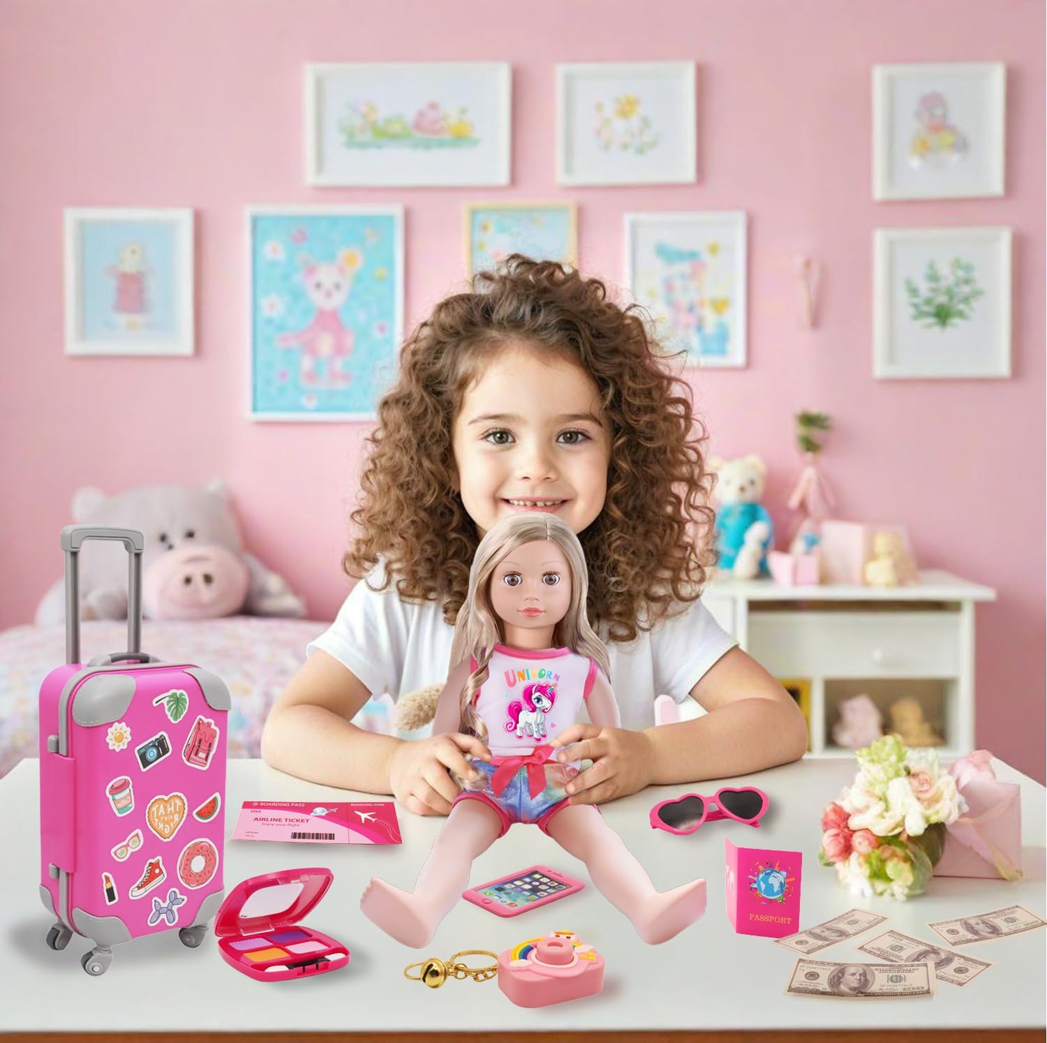 18inch American Doll Clothes and Accessories, Including Travel Suitcase, Clothes, Shoes, Sunglasses, Camera, Passport, Stickers,Phone Travel Gear Play Sets
