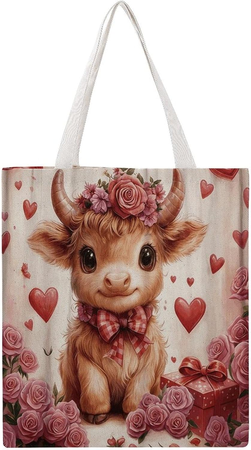 Highland Cow Canvas Tote Bag Reusable Grocery Bags Foldable Soft Cotton Shoulder Carry Bag
